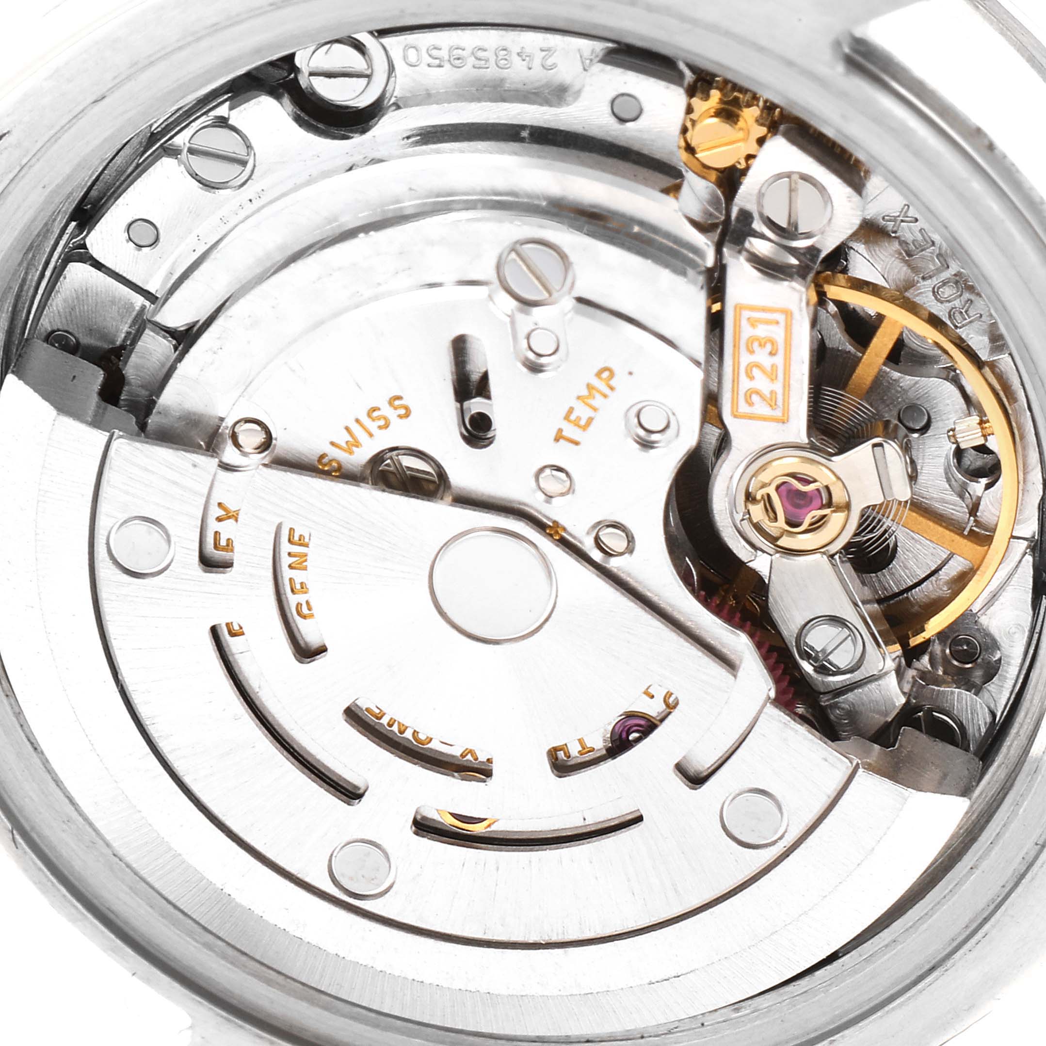 The image shows a close-up view of the movement mechanism inside a Rolex Oyster Perpetual 176200 Women's Stainless Steel Silver Dial 176200 Women's Stainless Steel Silver Dial watch.
