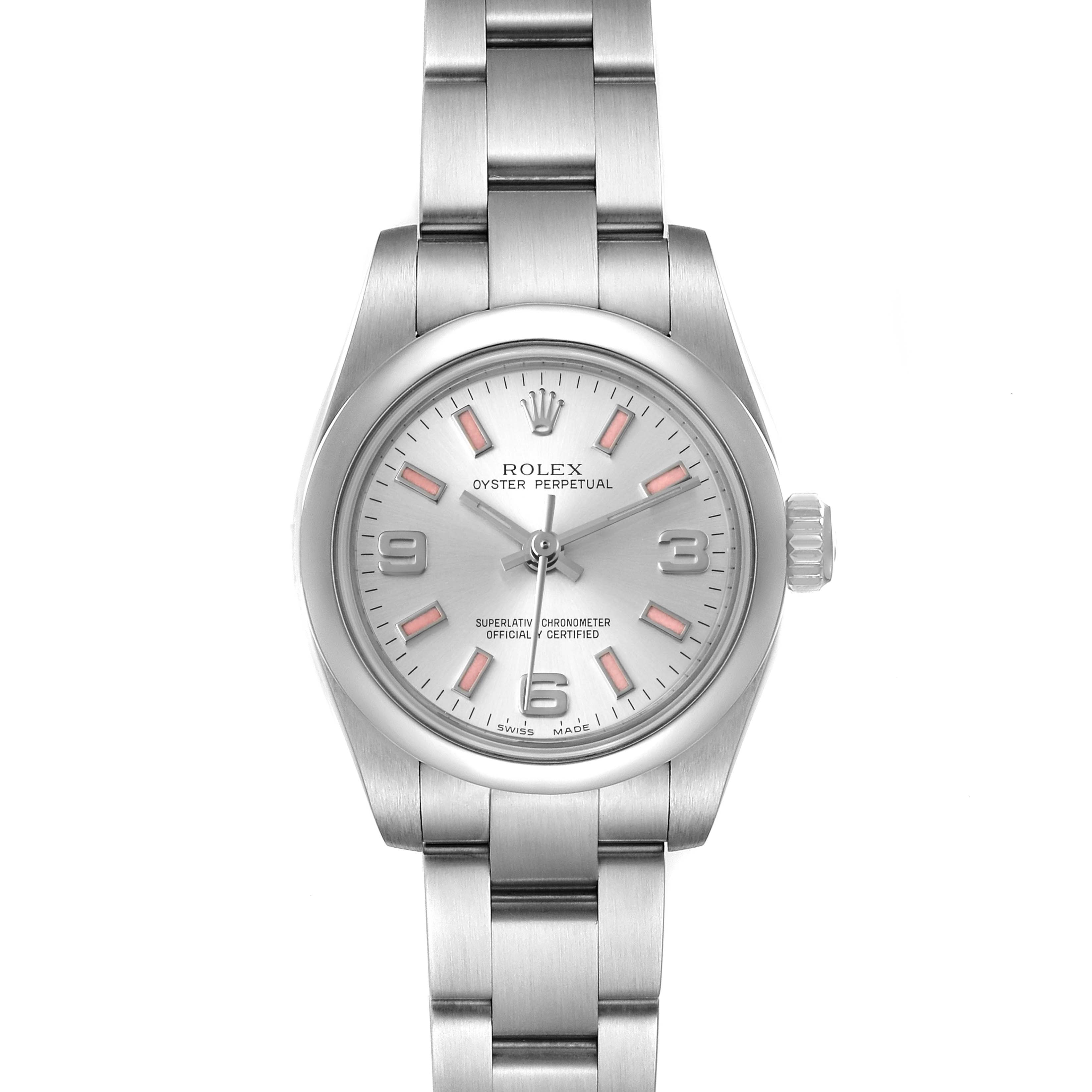 This image shows a frontal view of a Rolex Oyster Perpetual 176200 Women's Stainless Steel Silver Dial 176200 Women's Stainless Steel Silver Dial watch with a metal bracelet and silver dial.