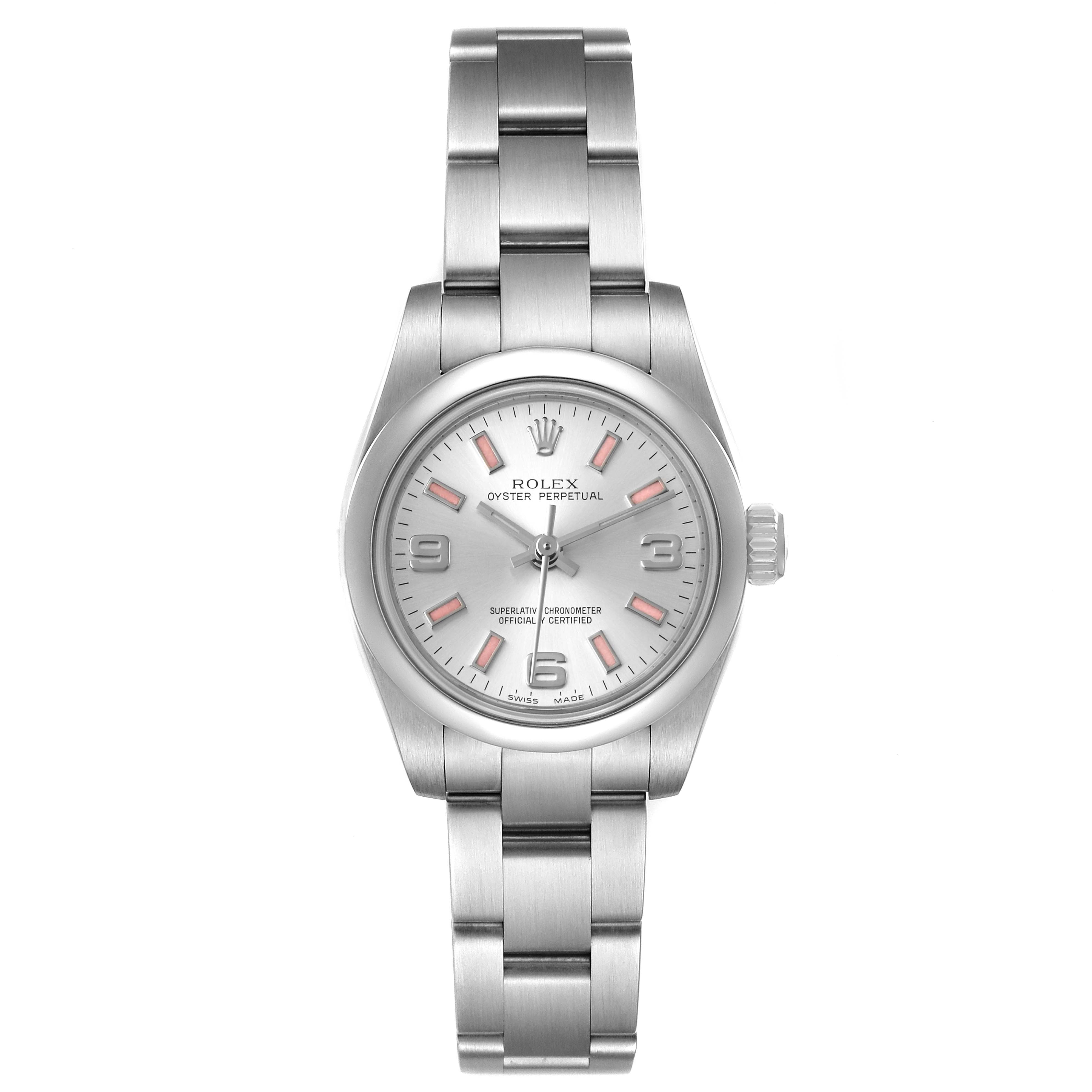 The image shows a front view of a Rolex Oyster Perpetual 176200 Women's Stainless Steel Silver Dial 176200 Women's Stainless Steel Silver Dial watch, displaying its face and metal bracelet.