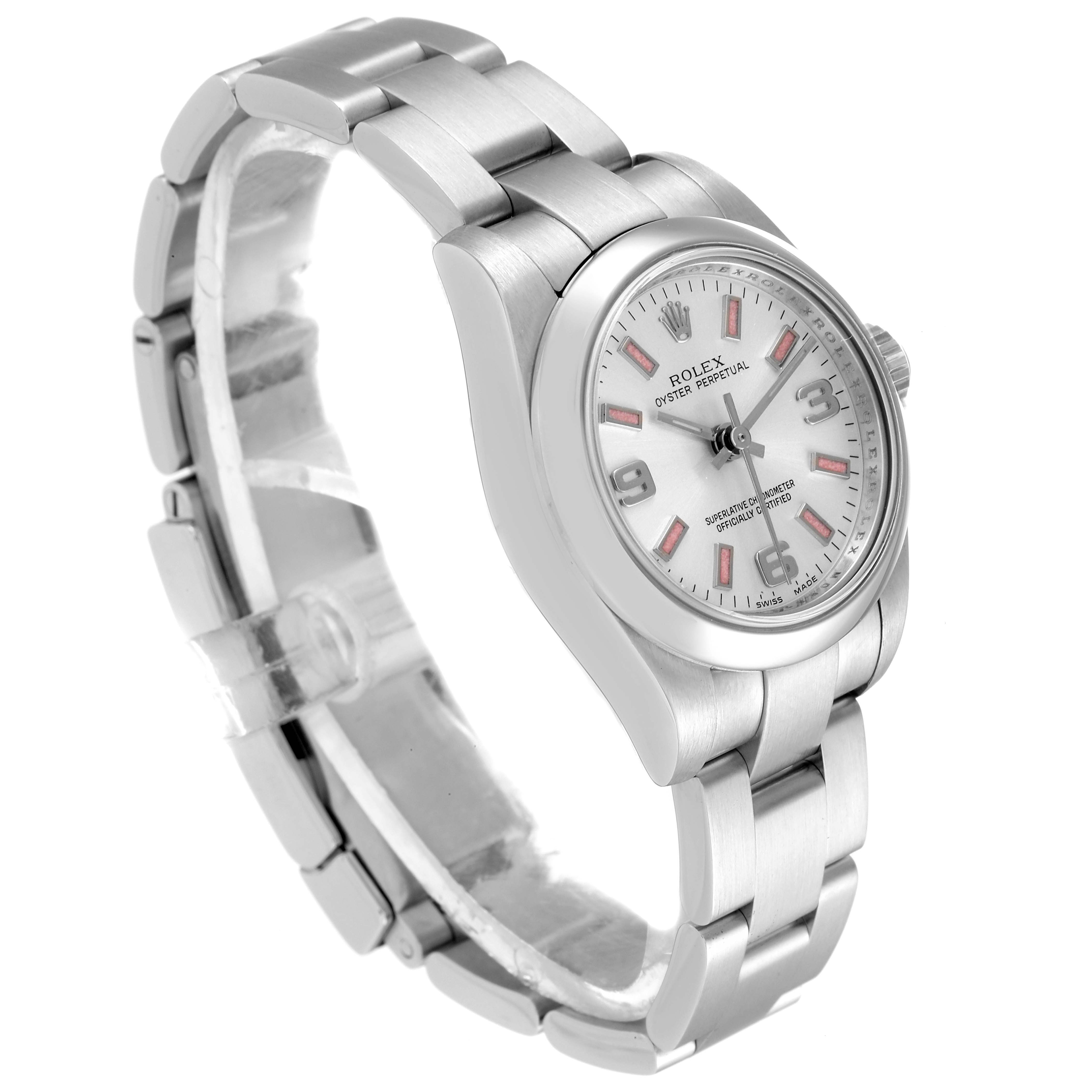 This Rolex Oyster Perpetual 176200 Women's Stainless Steel Silver Dial 176200 Women's Stainless Steel Silver Dial watch is shown at a left front angle, displaying the face, case, and bracelet.