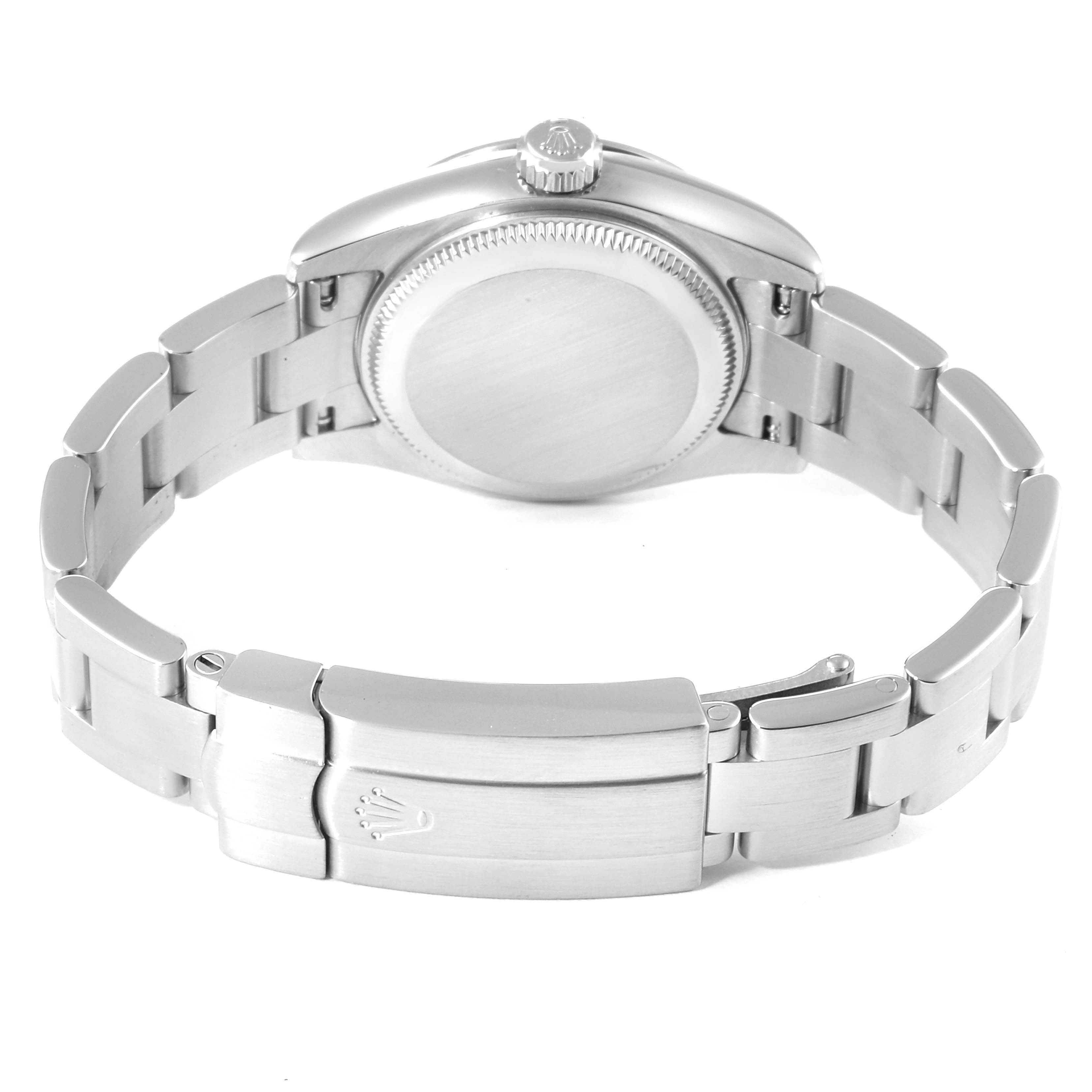 The image shows the backside of a Rolex Oyster Perpetual 176200 Women's Stainless Steel Silver Dial 176200 Women's Stainless Steel Silver Dial watch, featuring the case back, crown, and bracelet clasp.