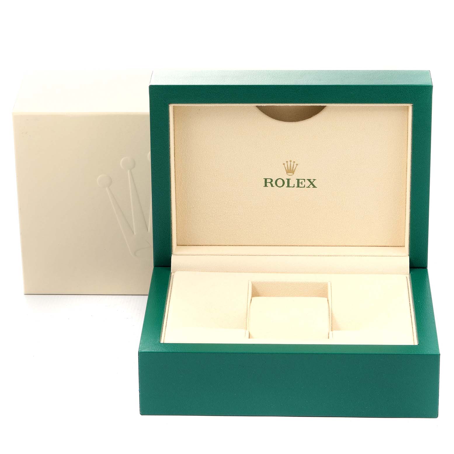 This image shows an open Rolex watch box for the Oyster Perpetual model, with the interior and exterior packaging visible.