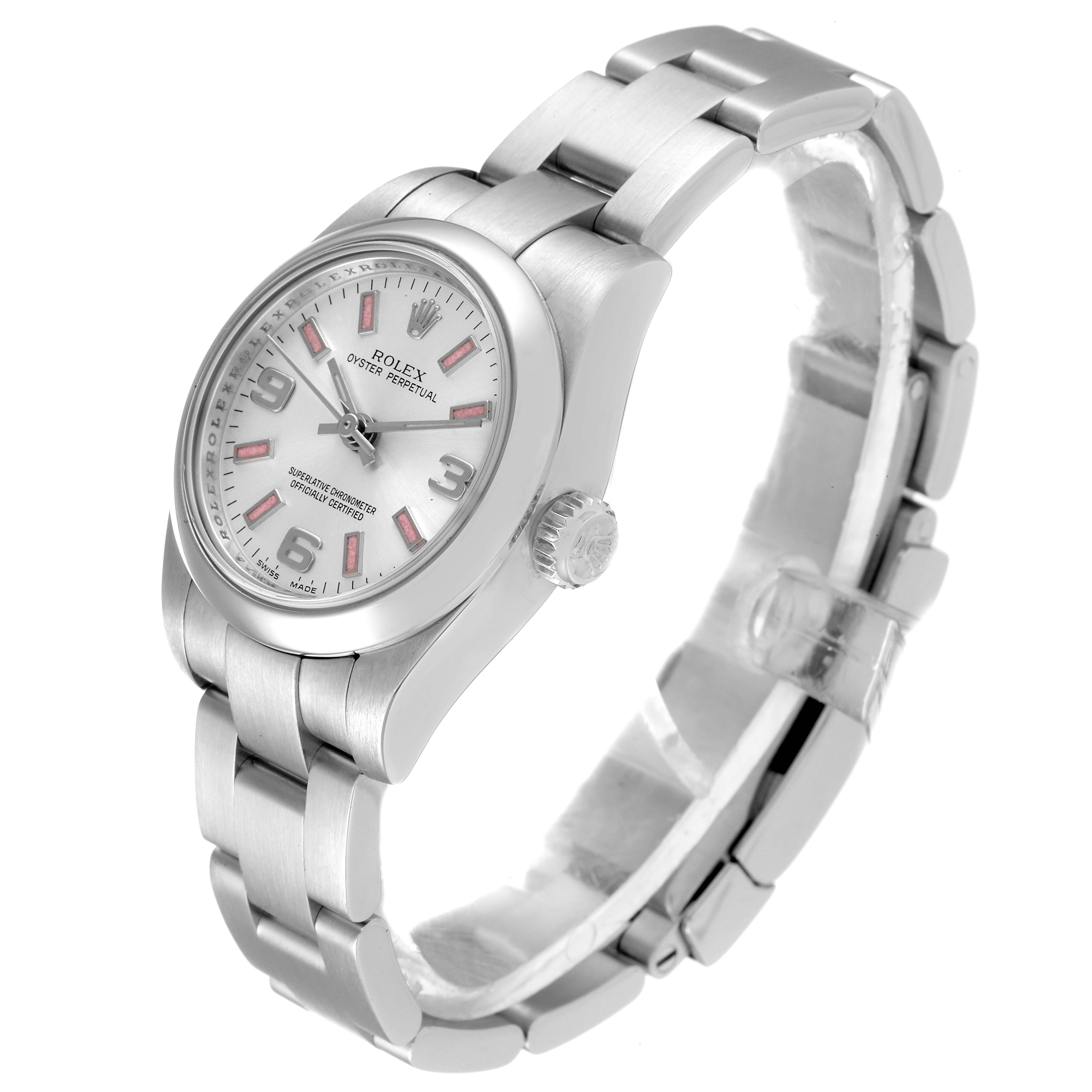 This image shows a Rolex Oyster Perpetual 176200 Women's Stainless Steel Silver Dial 176200 Women's Stainless Steel Silver Dial watch at an angled side view, highlighting the watch face, crown, and metal band.