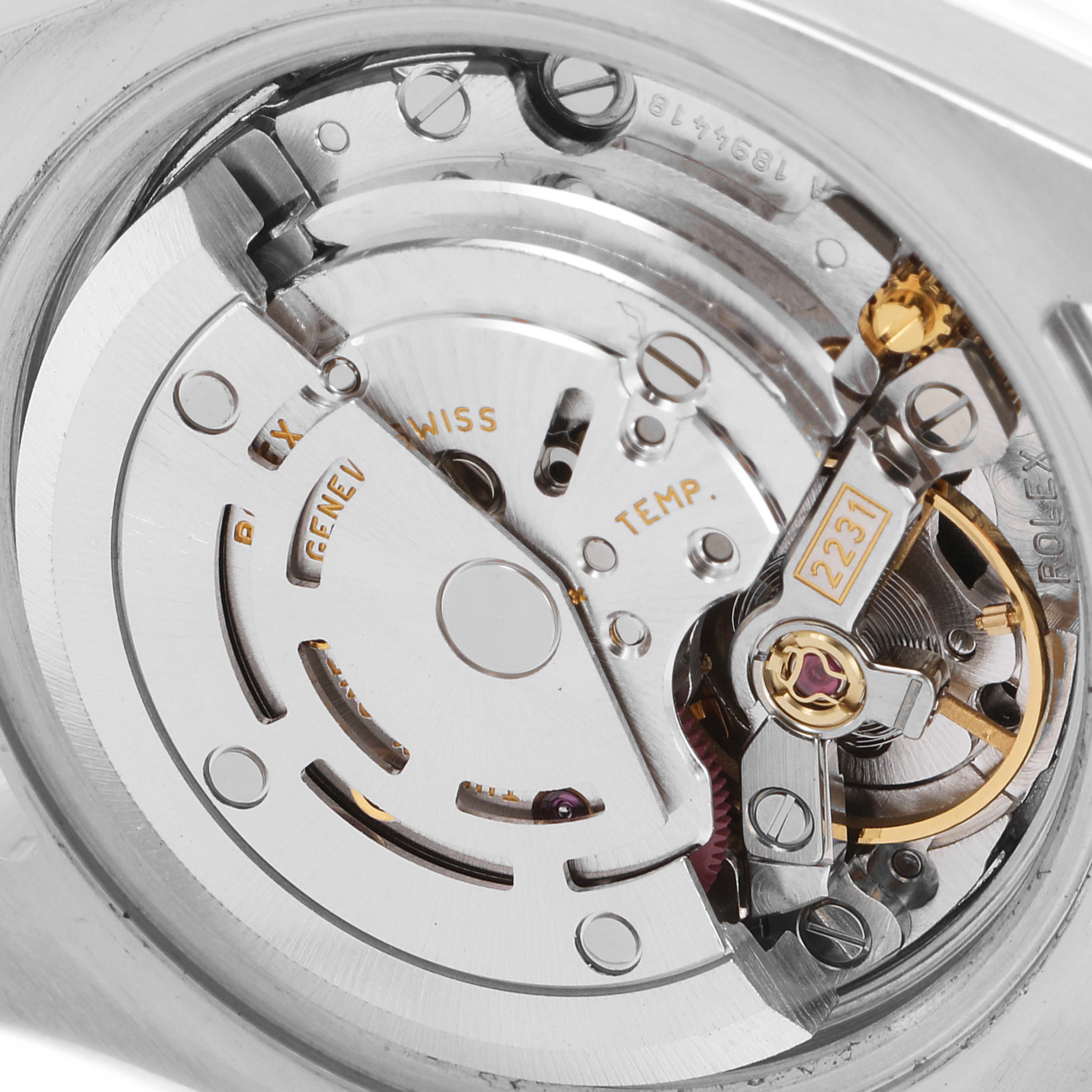 The image shows the intricate internal mechanism of a Rolex Oyster Perpetual 176200 Women's Stainless Steel Silver Dial 176200 Women's Stainless Steel Silver Dial watch, viewed from the back.