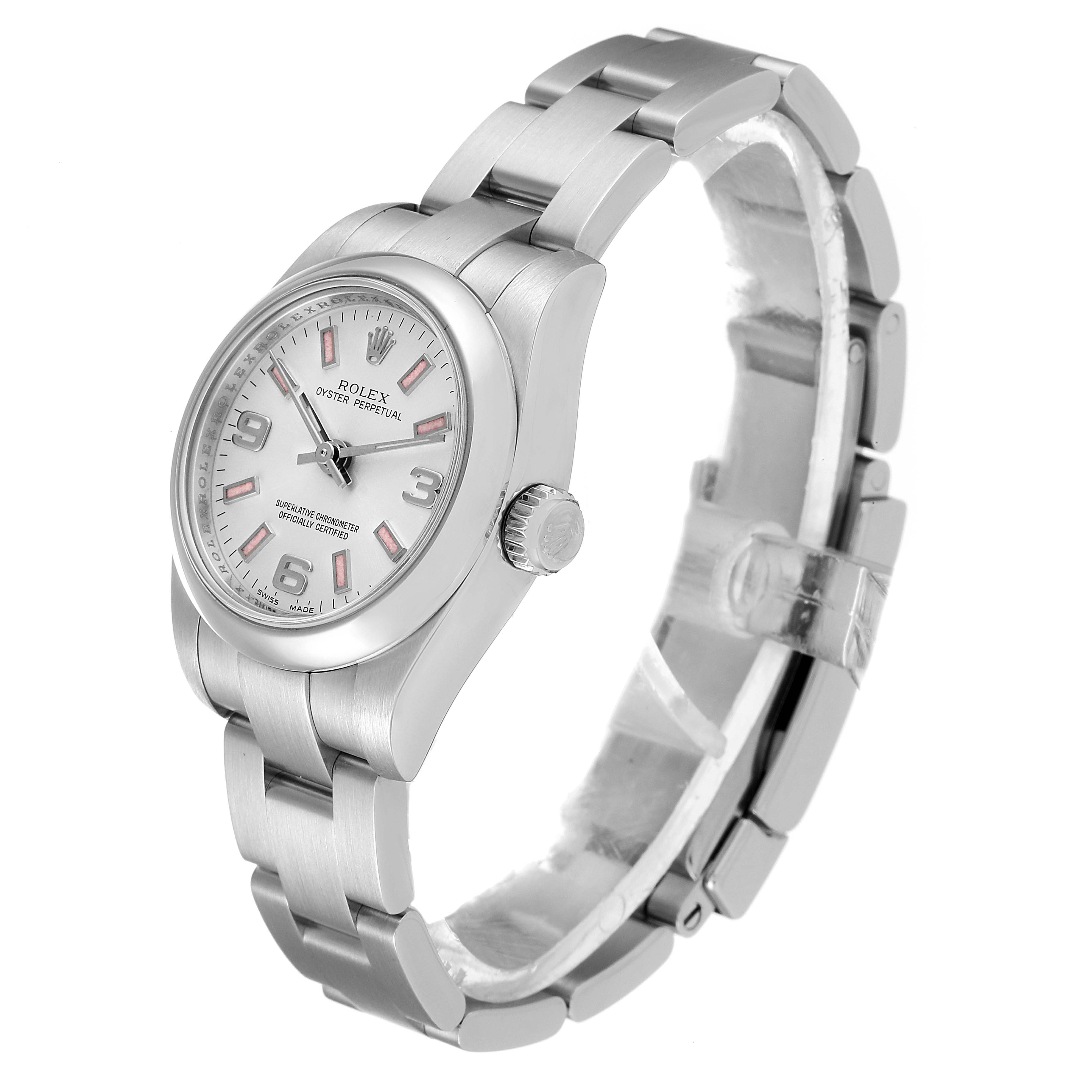 The Rolex Oyster Perpetual 176200 Women's Stainless Steel Silver Dial 176200 Women's Stainless Steel Silver Dial watch is shown at an angle highlighting the side and face, with a focus on the bracelet and crown.