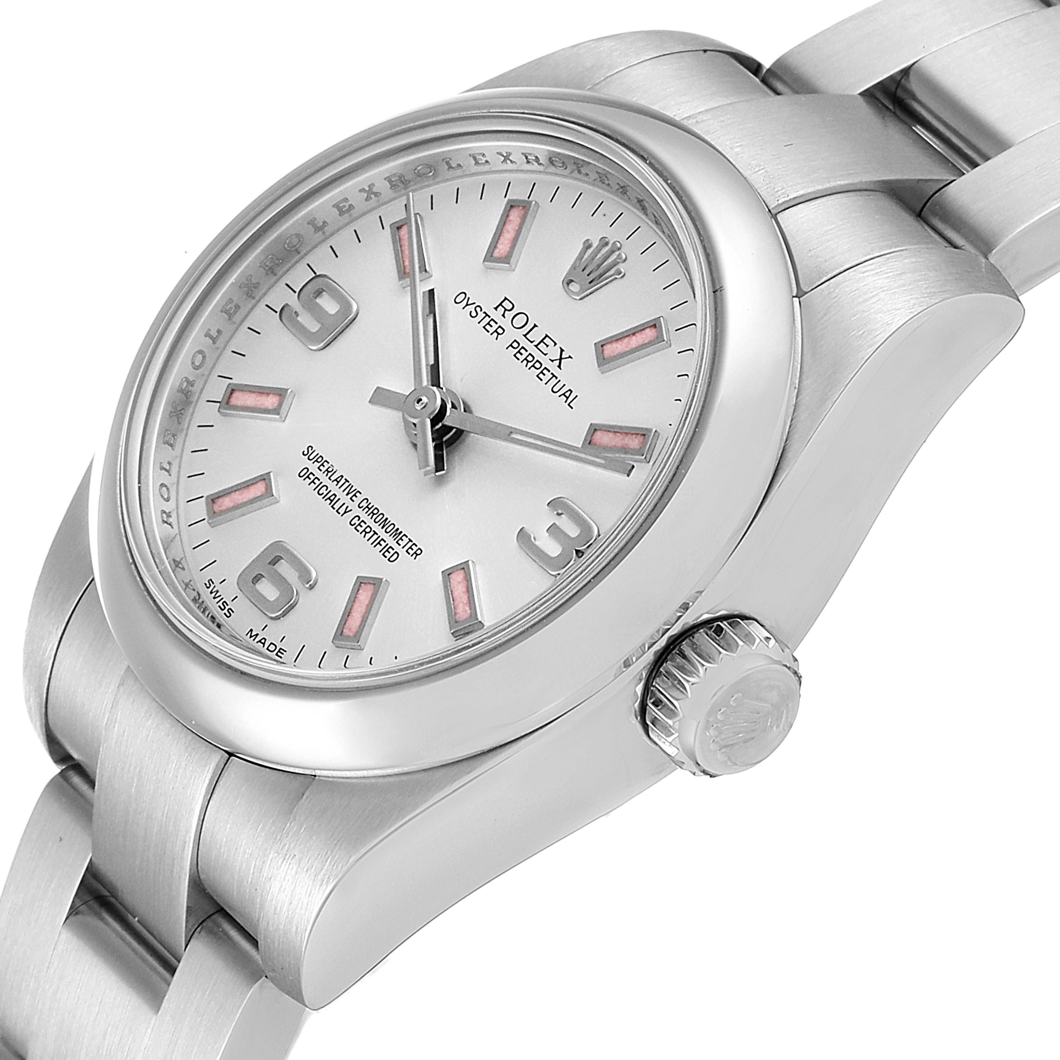 This image shows a close-up, angled view of a Rolex Oyster Perpetual 176200 Women's Stainless Steel Silver Dial 176200 Women's Stainless Steel Silver Dial watch, featuring the dial, bracelet, and crown.