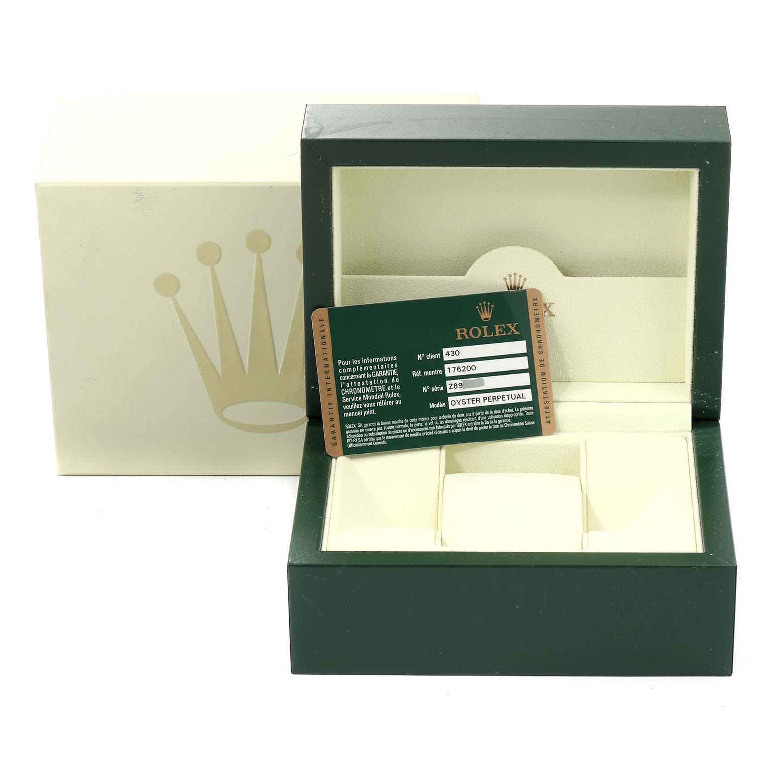 This image shows the box and certification card for a Rolex Oyster Perpetual 176200 Women's Stainless Steel Silver Dial 176200 Women's Stainless Steel Silver Dial watch, viewed from the front.