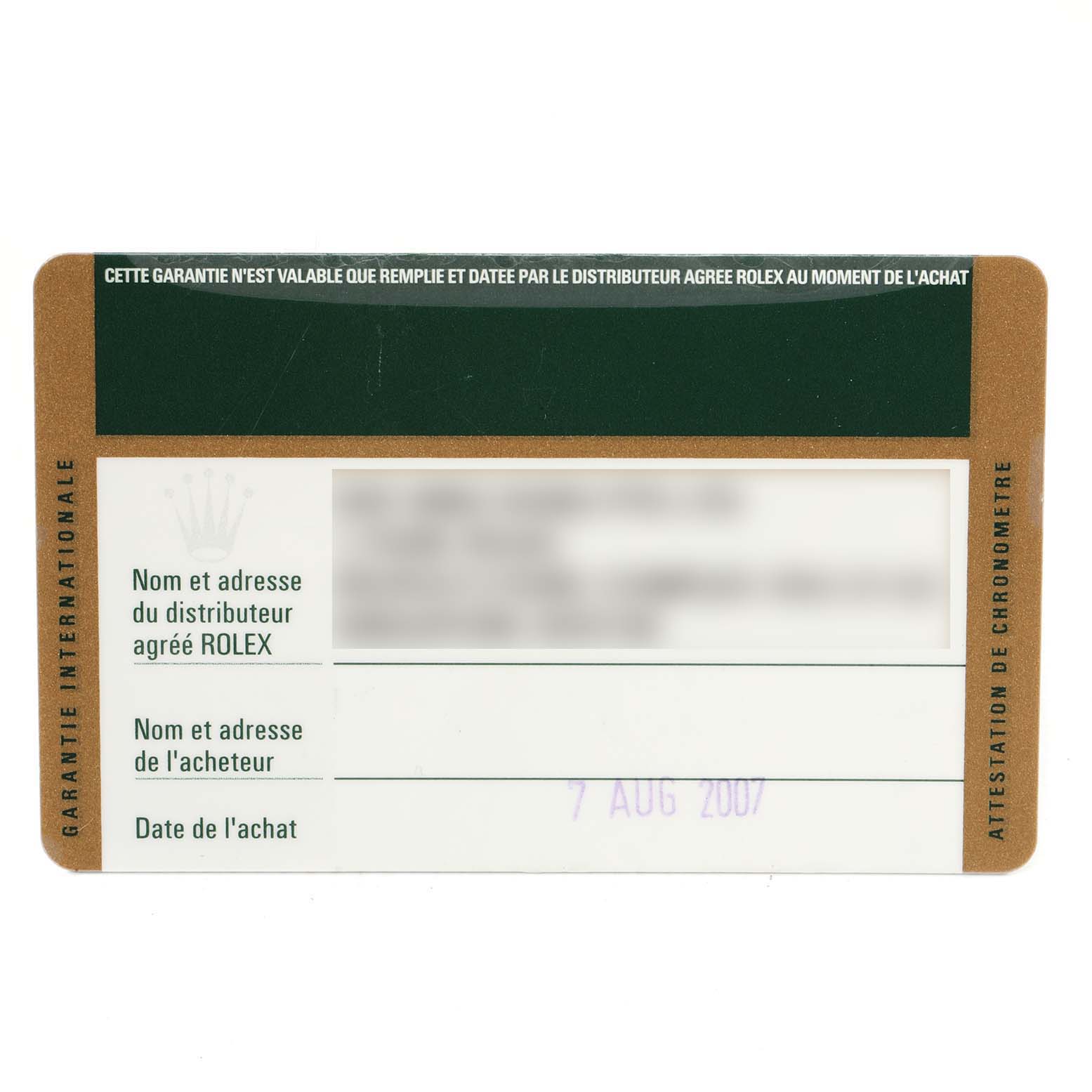 The image shows a warranty card for a Rolex Oyster Perpetual 176200 Women's Stainless Steel Silver Dial 176200 Women's Stainless Steel Silver Dial watch, viewed from the front.