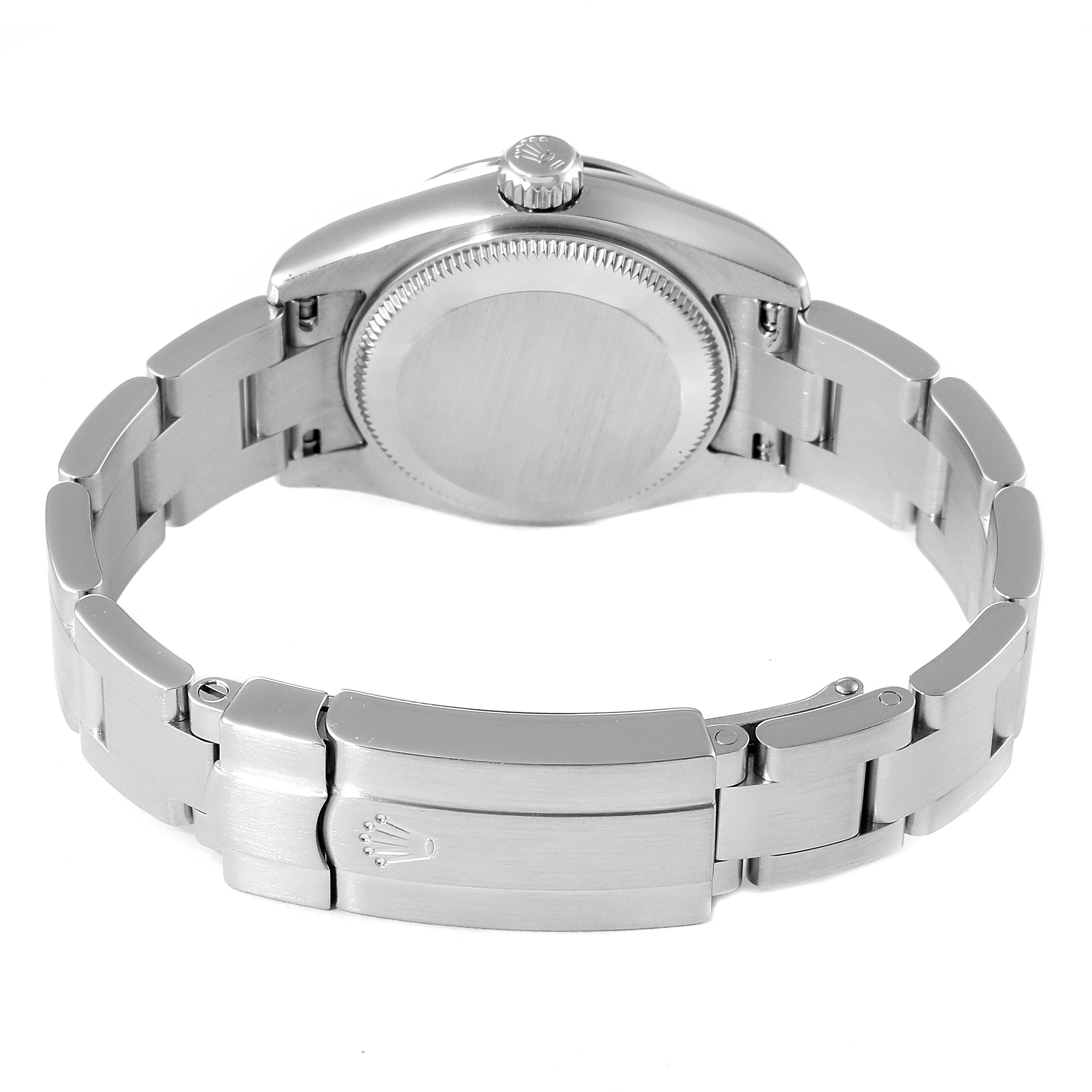 This image shows the back view of a Rolex Oyster Perpetual 176200 Women's Stainless Steel Silver Dial 176200 Women's Stainless Steel Silver Dial watch, focusing on the case back and metal bracelet.