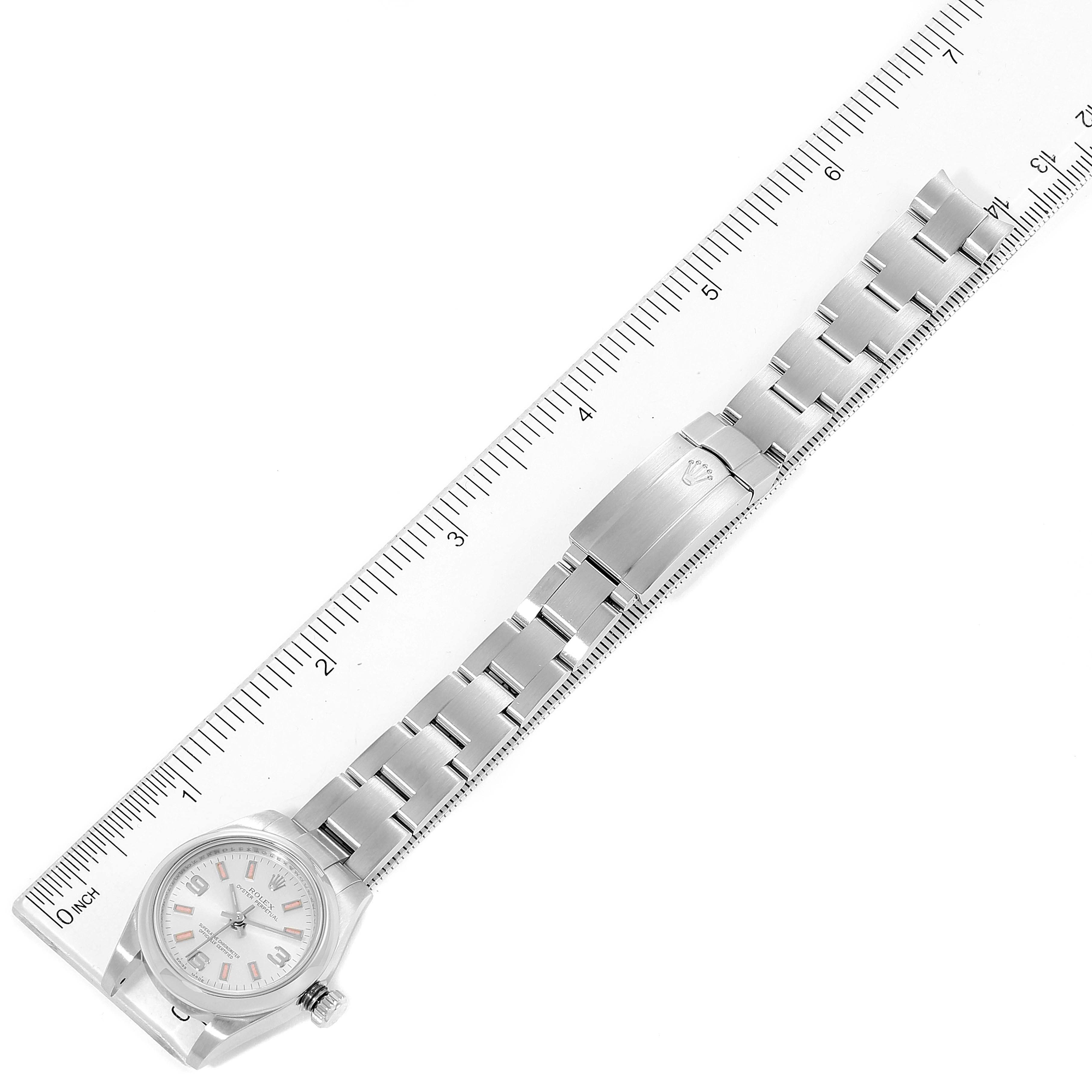The image shows the full length of a Rolex Oyster Perpetual 176200 Women's Stainless Steel Silver Dial 176200 Women's Stainless Steel Silver Dial watch, featuring the dial, bracelet, and clasp from a top-down angle.