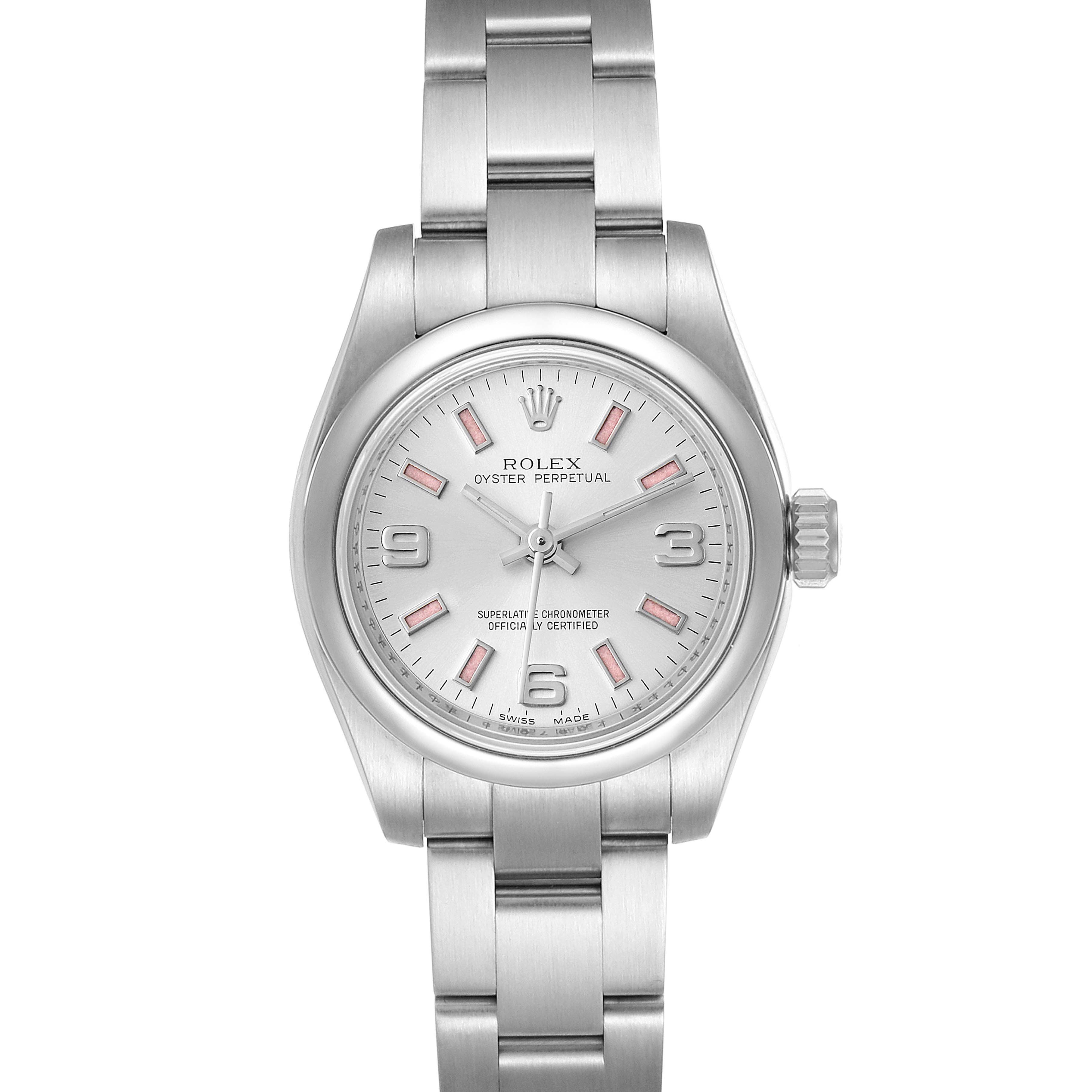 This image shows a front view of a Rolex Oyster Perpetual 176200 Women's Stainless Steel Silver Dial 176200 Women's Stainless Steel Silver Dial watch, displaying its face, bezel, and bracelet.