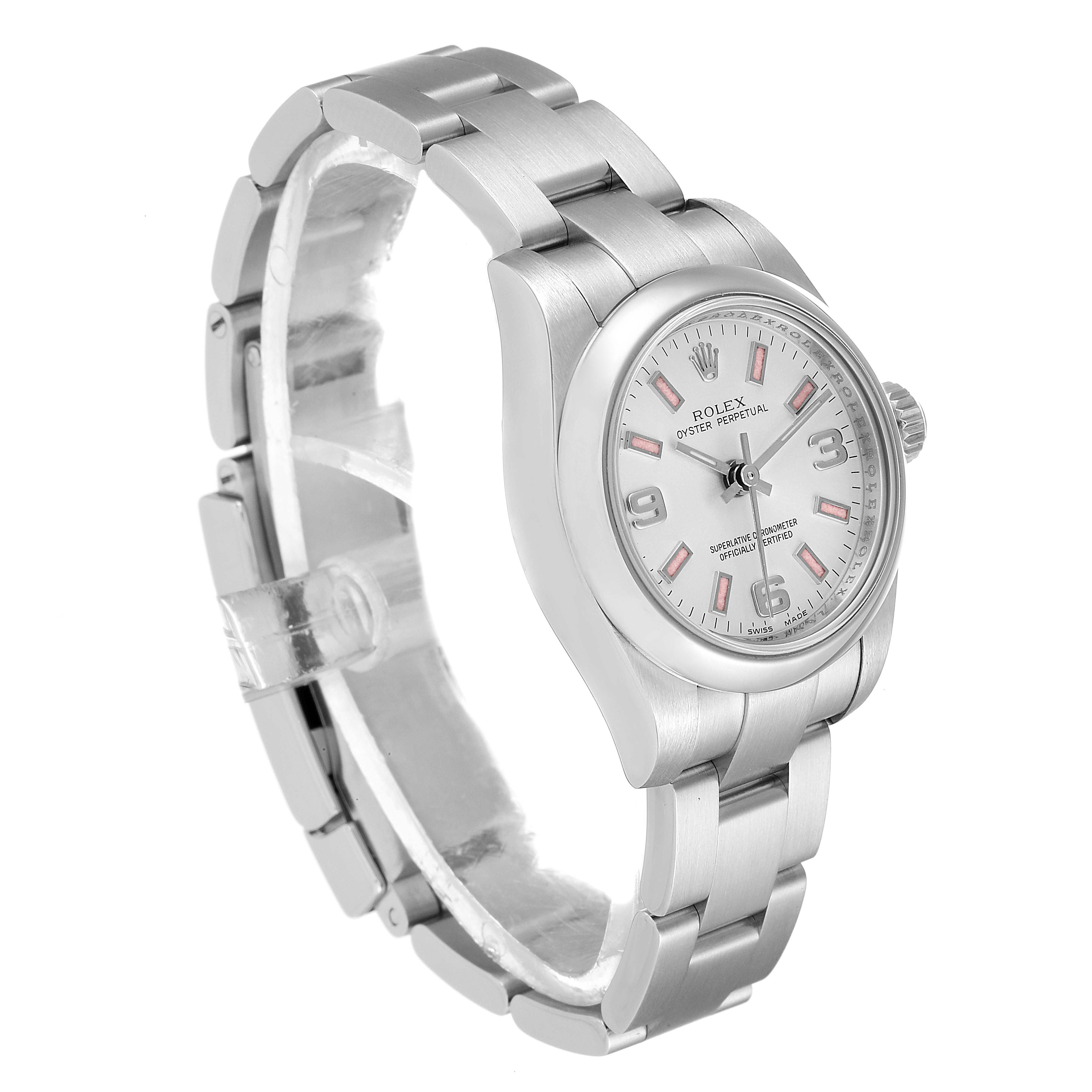 This image shows the side and front view of a Rolex Oyster Perpetual 176200 Women's Stainless Steel Silver Dial 176200 Women's Stainless Steel Silver Dial watch, displaying the face, bezel, and part of the bracelet.