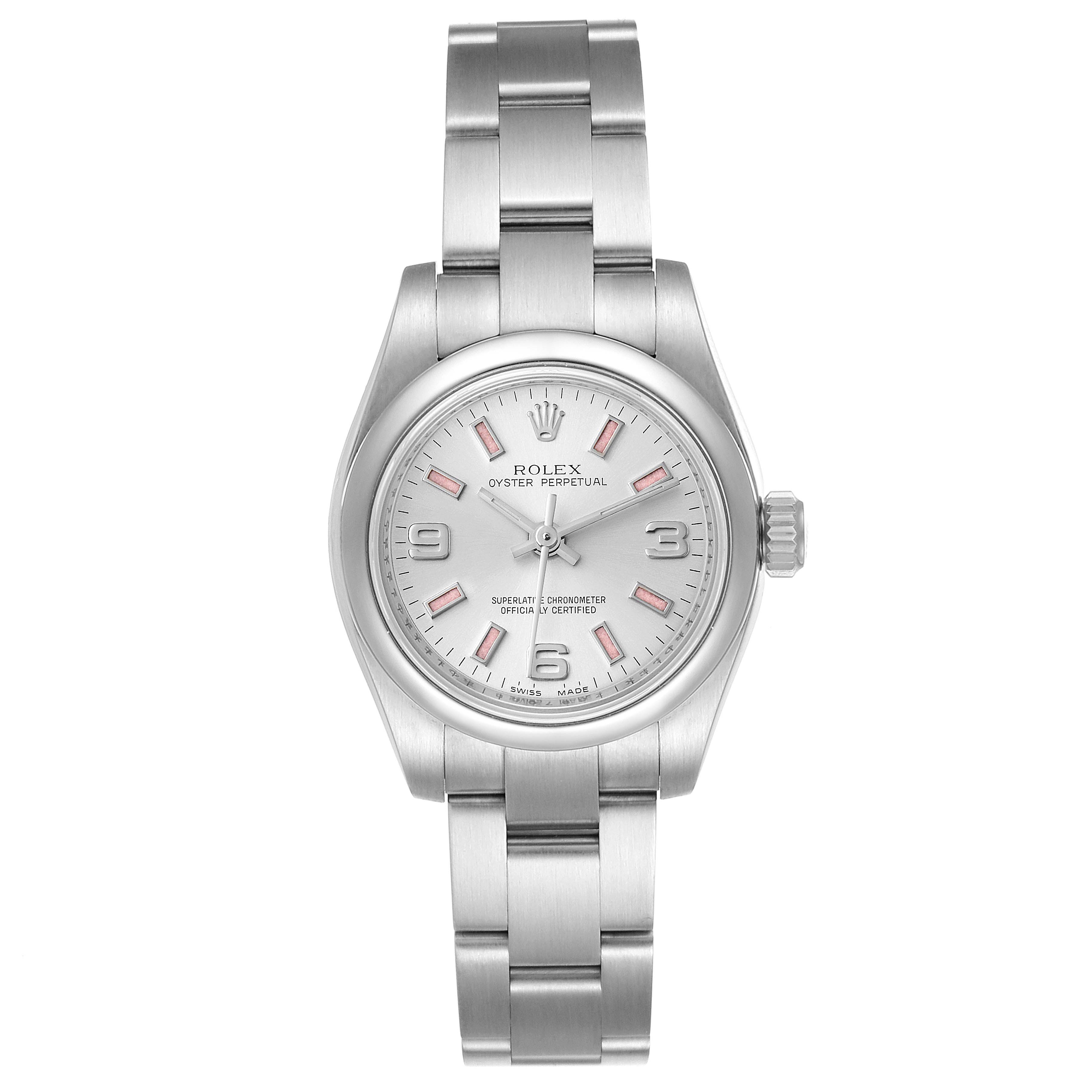 The image shows a front view of a Rolex Oyster Perpetual 176200 Women's Stainless Steel Silver Dial 176200 Women's Stainless Steel Silver Dial watch, displaying its face, bezel, and bracelet.