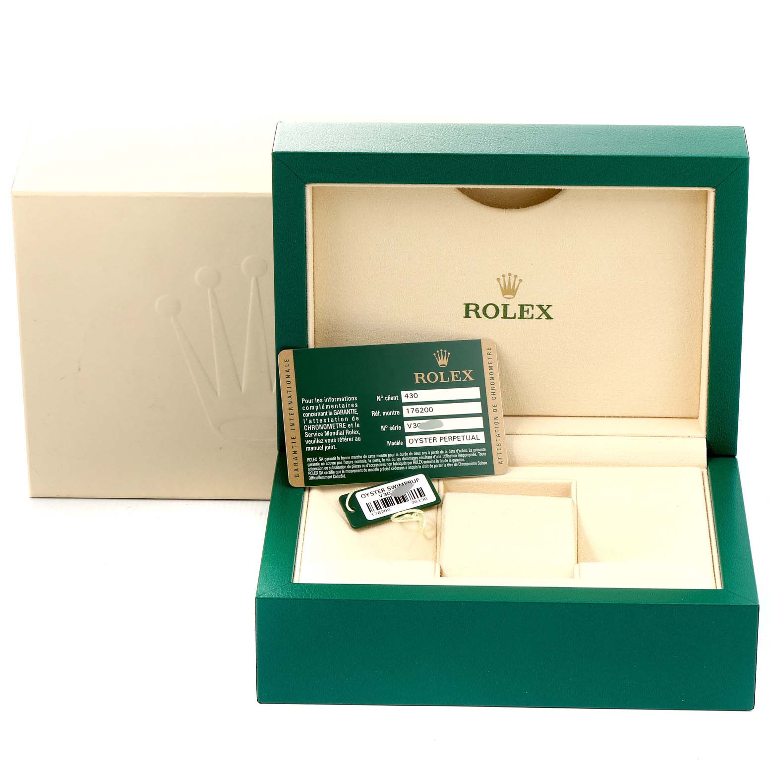 The image shows the packaging, a warranty card, and a tag for a Rolex Oyster Perpetual 176200 Women's Stainless Steel Silver Dial 176200 Women's Stainless Steel Silver Dial watch.