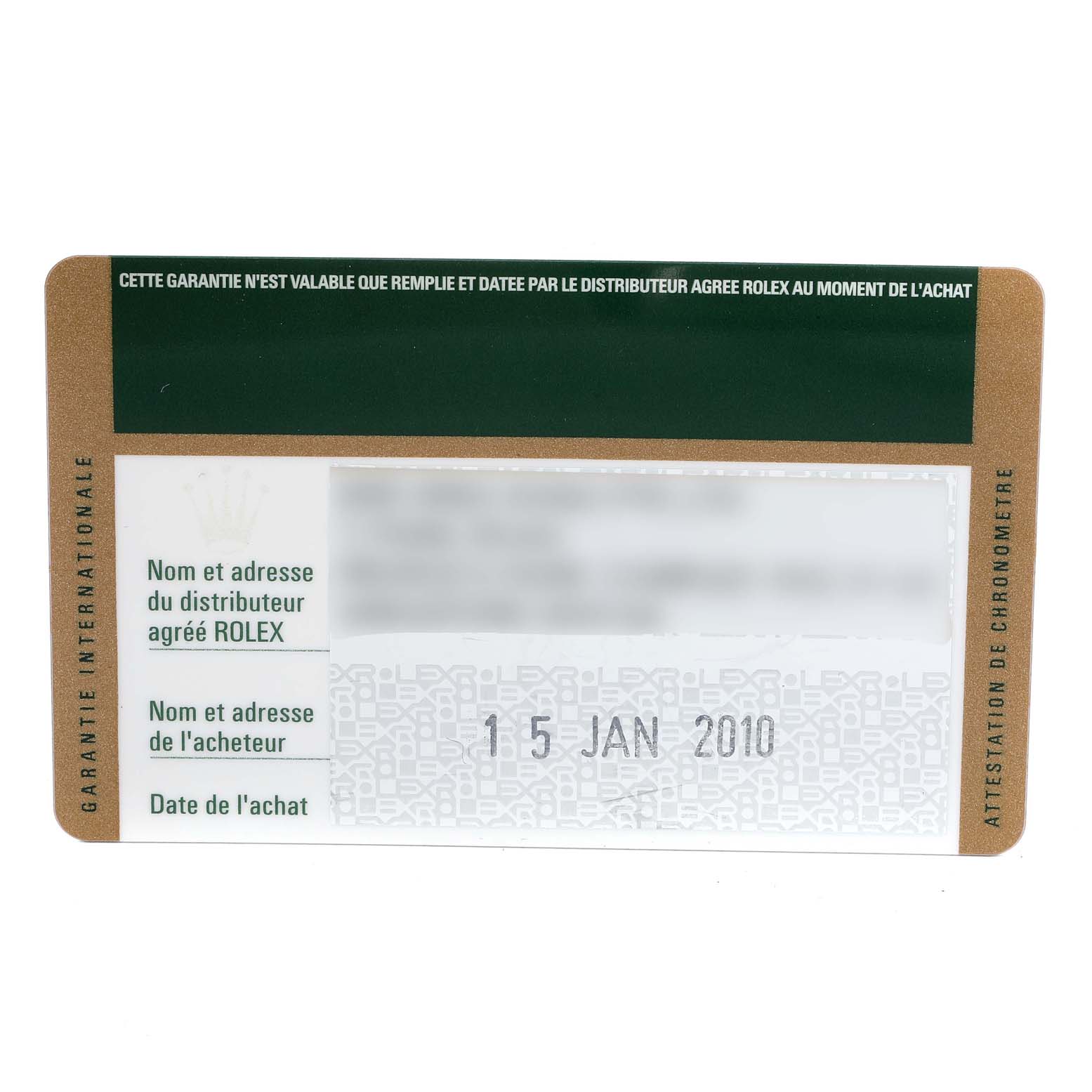 The image shows the warranty card for a Rolex Oyster Perpetual 176200 Women's Stainless Steel Silver Dial 176200 Women's Stainless Steel Silver Dial watch, issued on January 15, 2010.