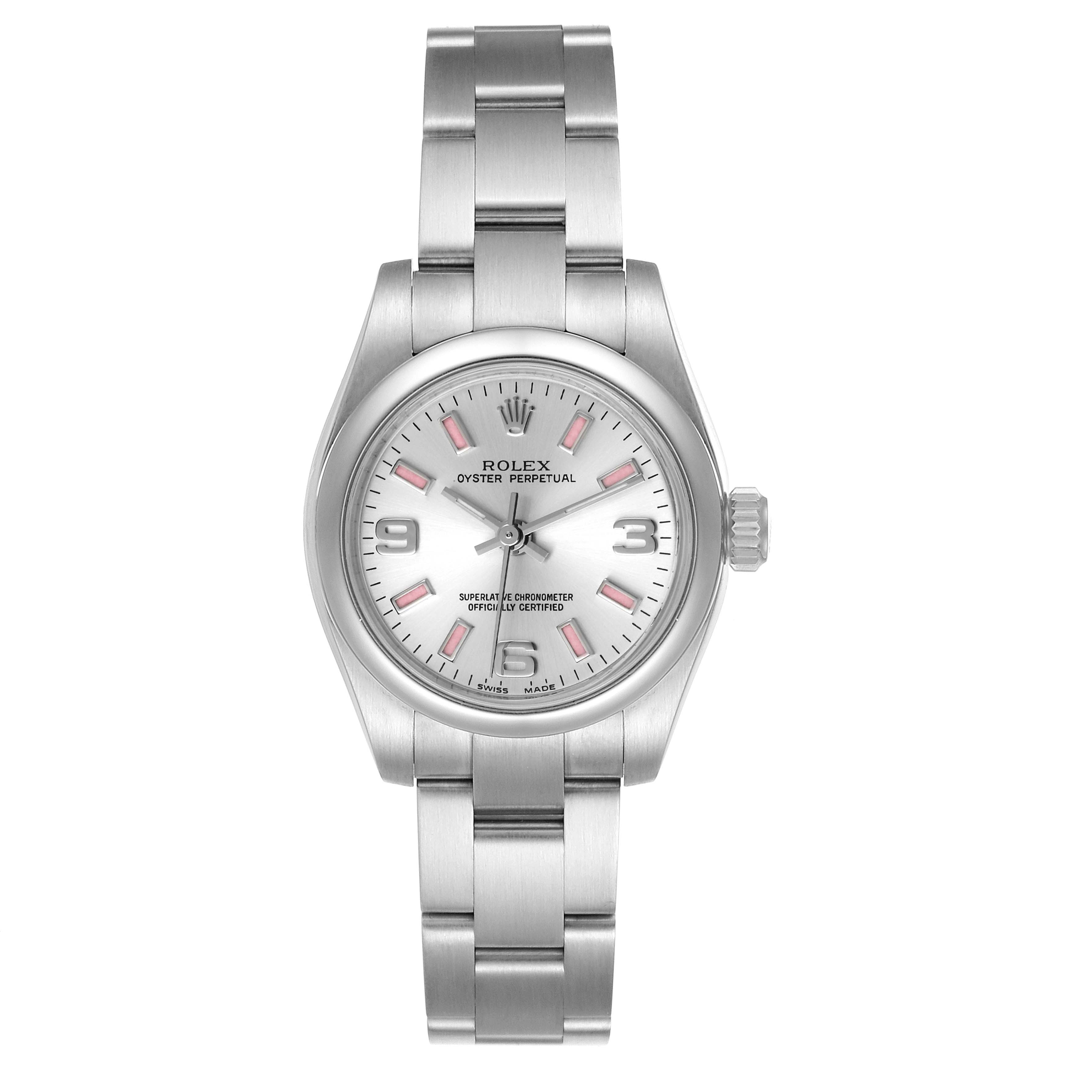 The image shows a frontal view of a Rolex Oyster Perpetual 176200 Women's Stainless Steel Silver Dial 176200 Women's Stainless Steel Silver Dial watch displaying the dial, bezel, and bracelet.