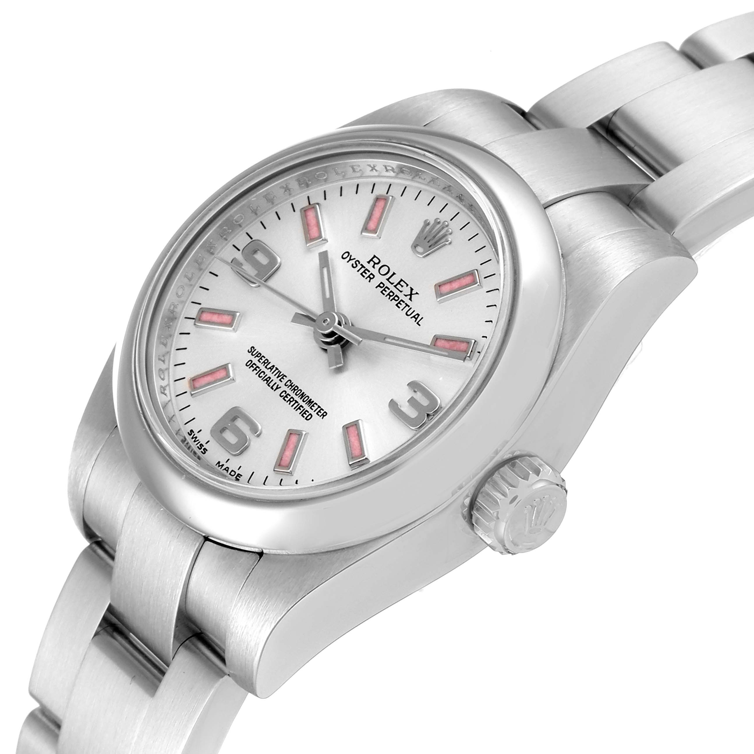 The image shows a side angle of the Rolex Oyster Perpetual 176200 Women's Stainless Steel Silver Dial 176200 Women's Stainless Steel Silver Dial watch, highlighting its dial, crown, and bracelet.