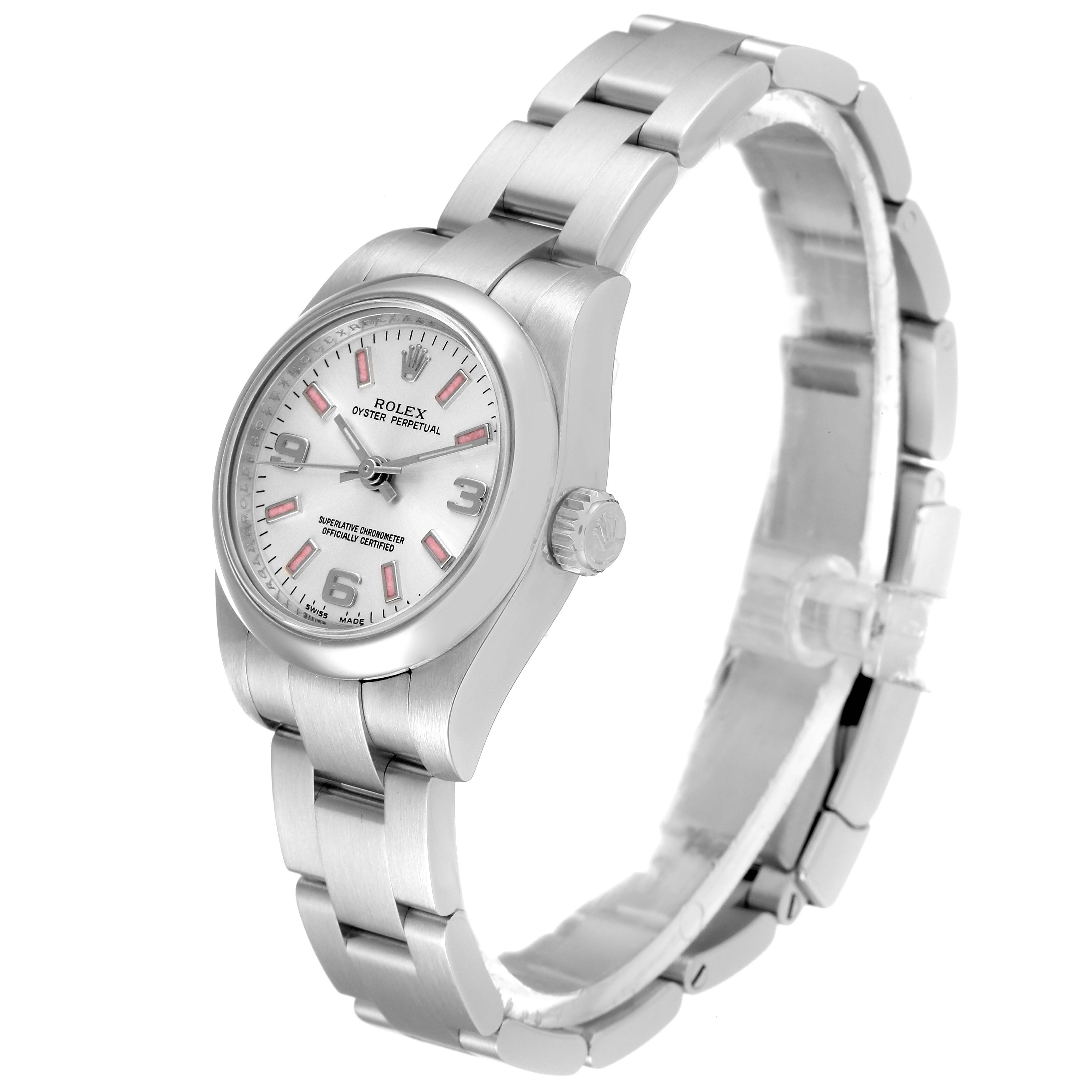 The Rolex Oyster Perpetual 176200 Women's Stainless Steel Silver Dial 176200 Women's Stainless Steel Silver Dial watch is shown at a slight angle, highlighting the face, bezel, case, and part of the bracelet.