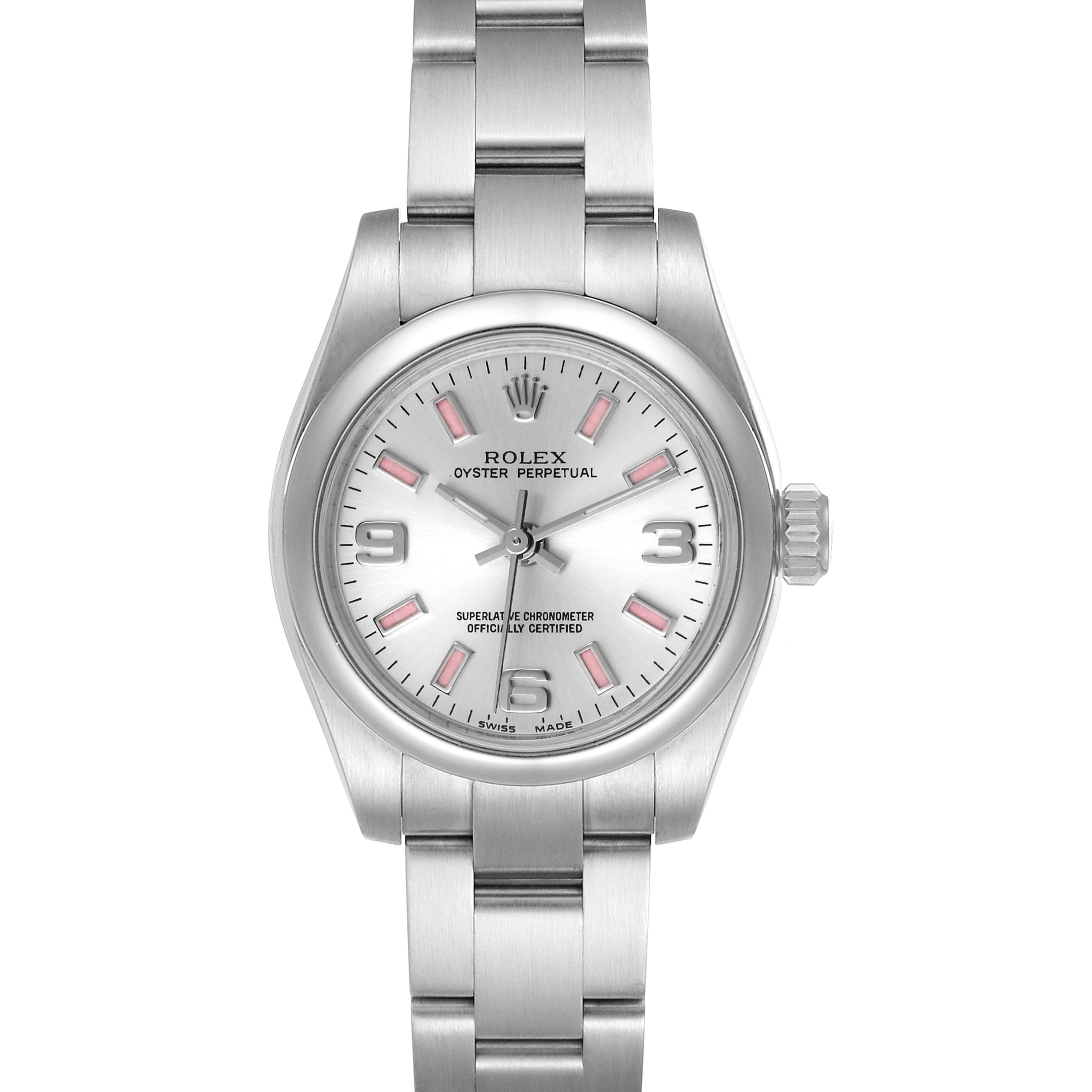 This image shows a front view of a Rolex Oyster Perpetual 176200 Women's Stainless Steel Silver Dial 176200 Women's Stainless Steel Silver Dial watch, displaying its face, bezel, and bracelet.