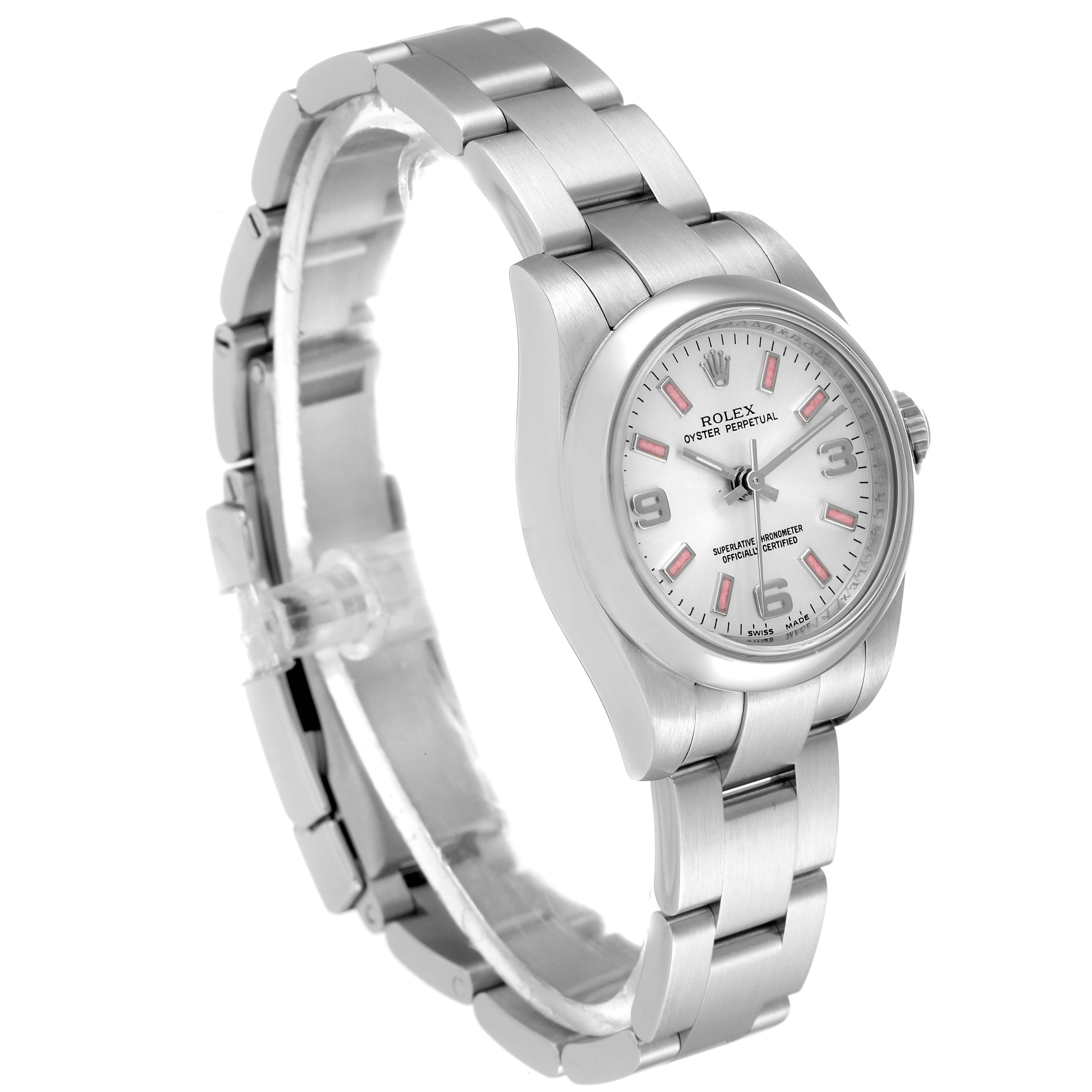 The image shows a side-angle view of the Rolex Oyster Perpetual 176200 Women's Stainless Steel Silver Dial 176200 Women's Stainless Steel Silver Dial watch, showcasing its dial, case, and linked bracelet.