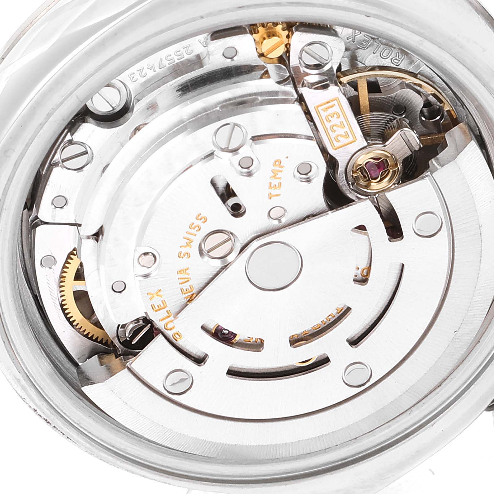 This image shows the internal mechanism of a Rolex Oyster Perpetual 176200 Women's Stainless Steel Silver Dial 176200 Women's Stainless Steel Silver Dial watch, viewed from the back.