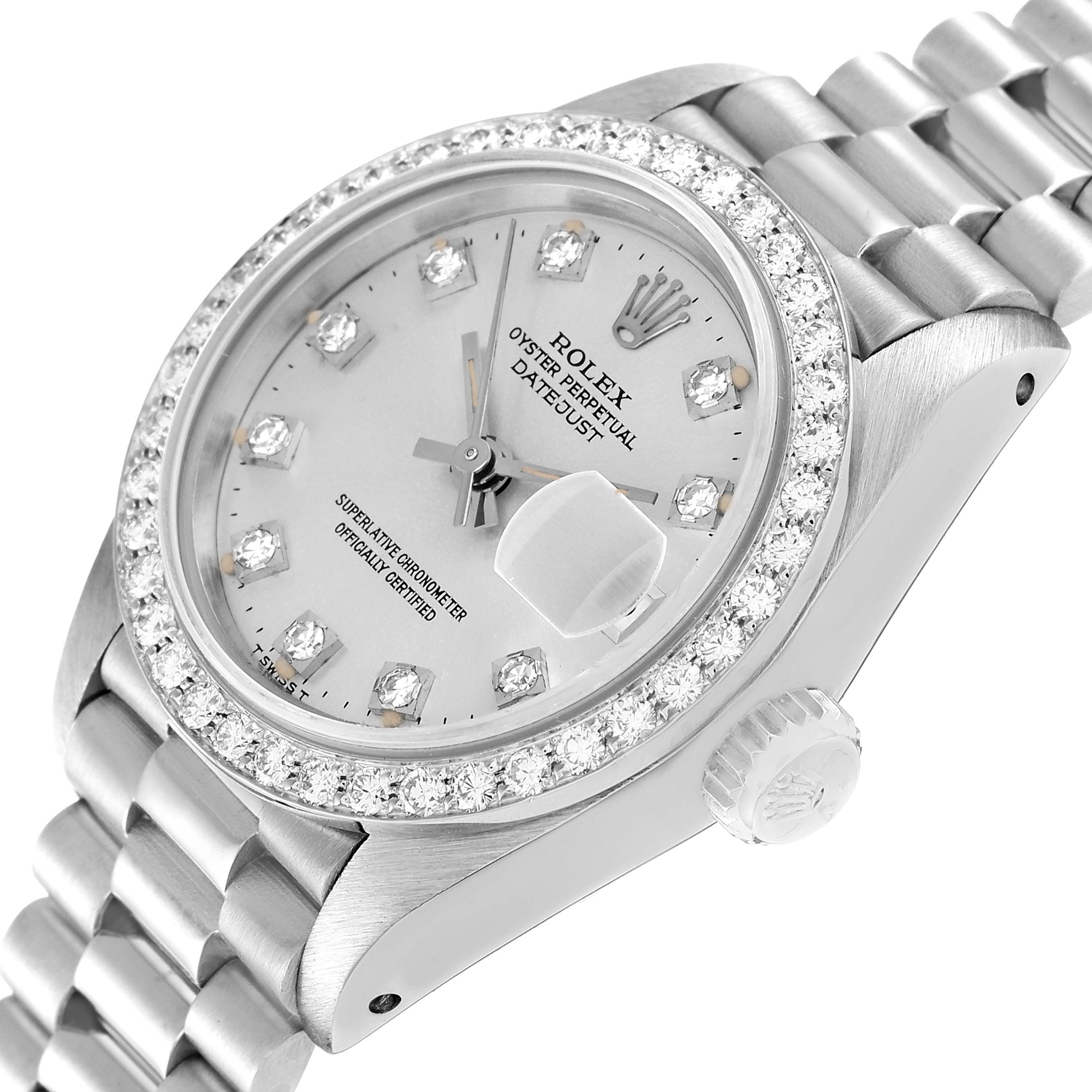The Rolex President 69139 Women
s White Gold Silver Dial 69139 Women
s White Gold Silver Dial model is shown at an angled close-up, displaying the face, bezel, dial, and bracelet.