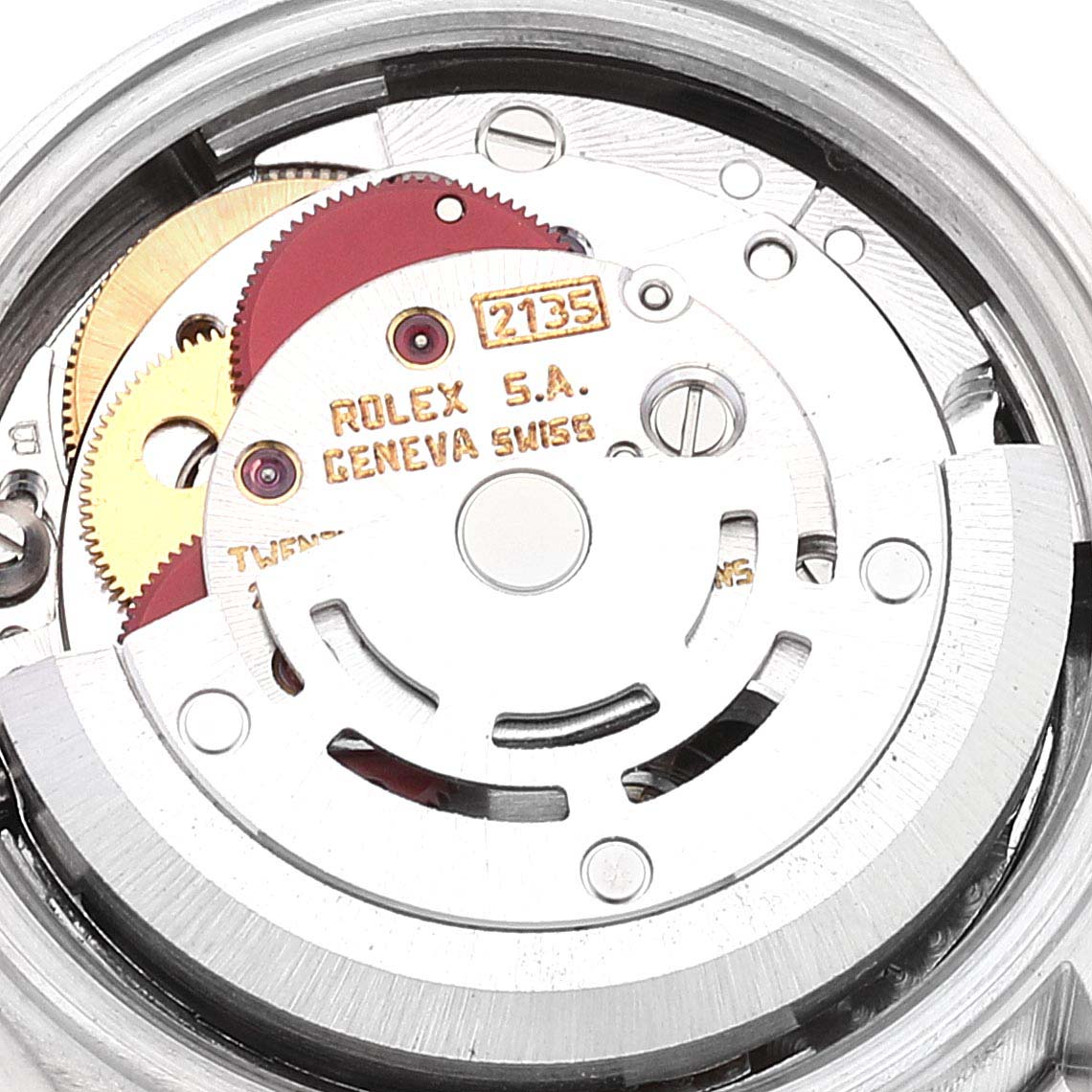 This image shows a close-up view of the inner mechanical movement components of a Rolex President 69139 Women
s White Gold Silver Dial 69139 Women
s White Gold Silver Dial model watch.