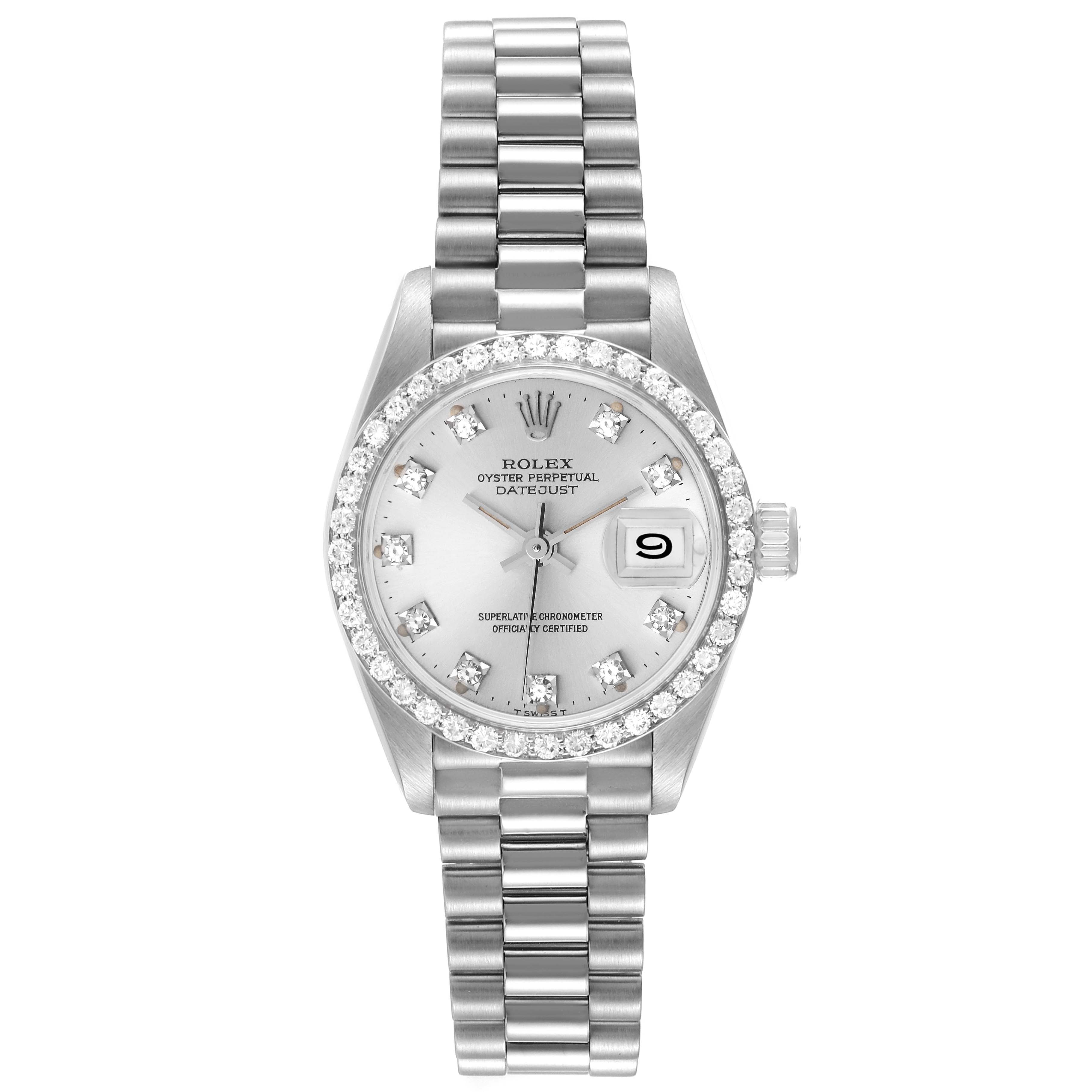 The image shows a Rolex President 69139 Women
s White Gold Silver Dial 69139 Women
s White Gold Silver Dial model watch, viewed from the front, displaying the dial, bezel, bracelet, and date.