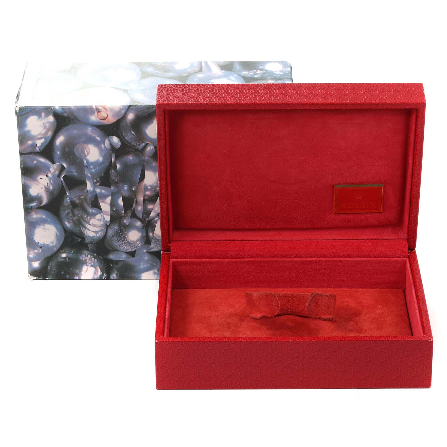 This is the open presentation box for a Rolex President 69139 Women
s White Gold Silver Dial 69139 Women
s White Gold Silver Dial model, showing the red interior and the outer decorative box.