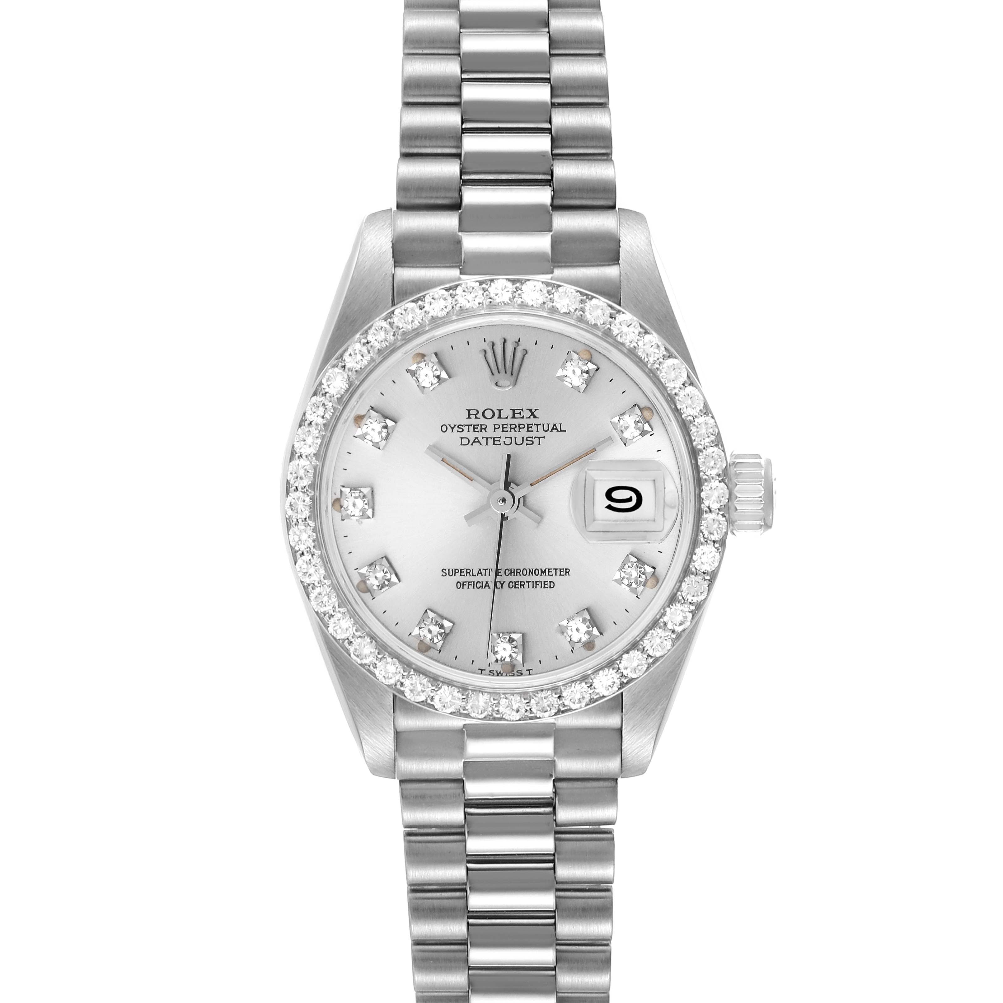 This Rolex President 69139 Women
s White Gold Silver Dial 69139 Women
s White Gold Silver Dial model watch is shown from the front, displaying the face, dial, bezel, and part of the bracelet.