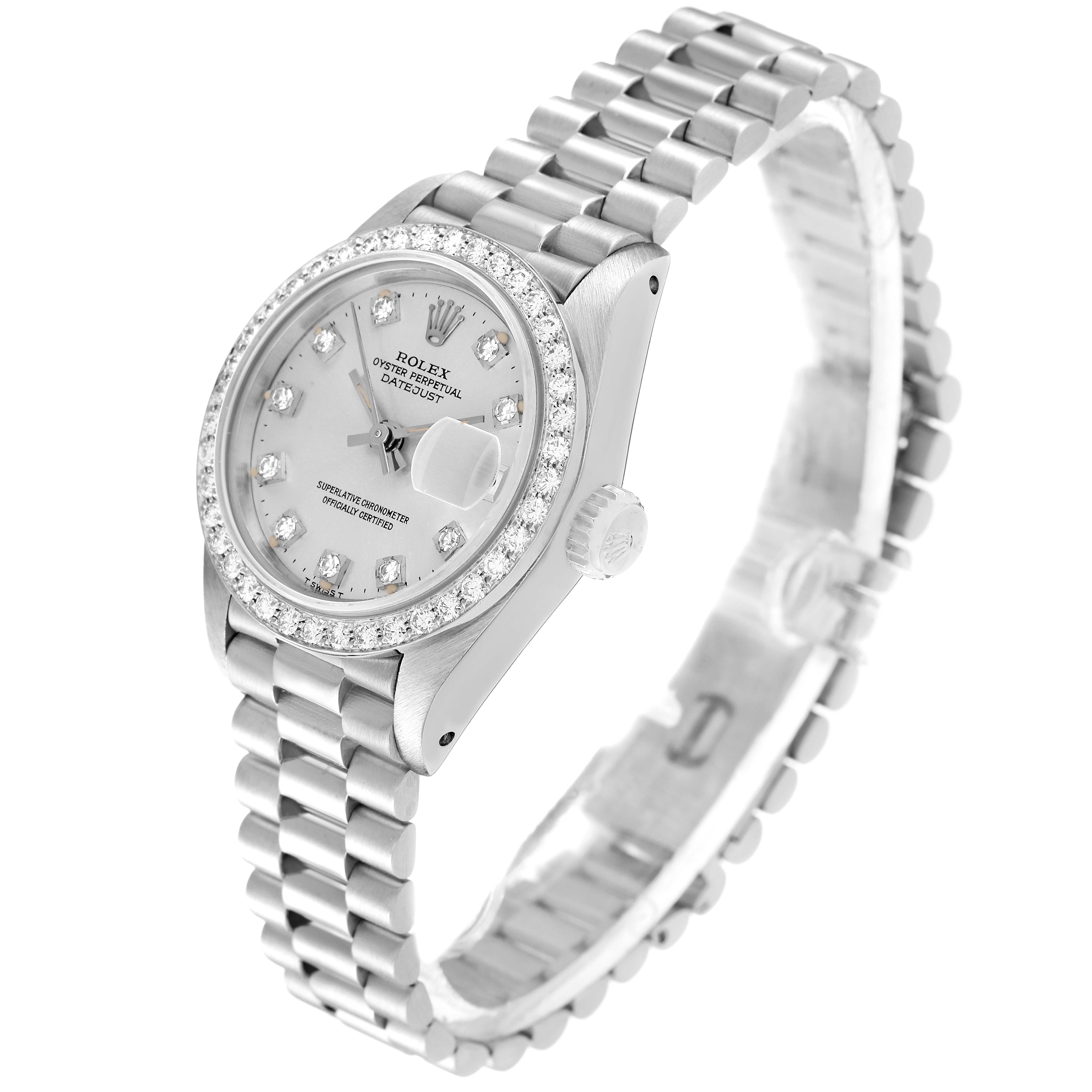 The image displays a Rolex President 69139 Women
s White Gold Silver Dial 69139 Women
s White Gold Silver Dial watch at an angle highlighting the face, dial, and part of the bracelet.