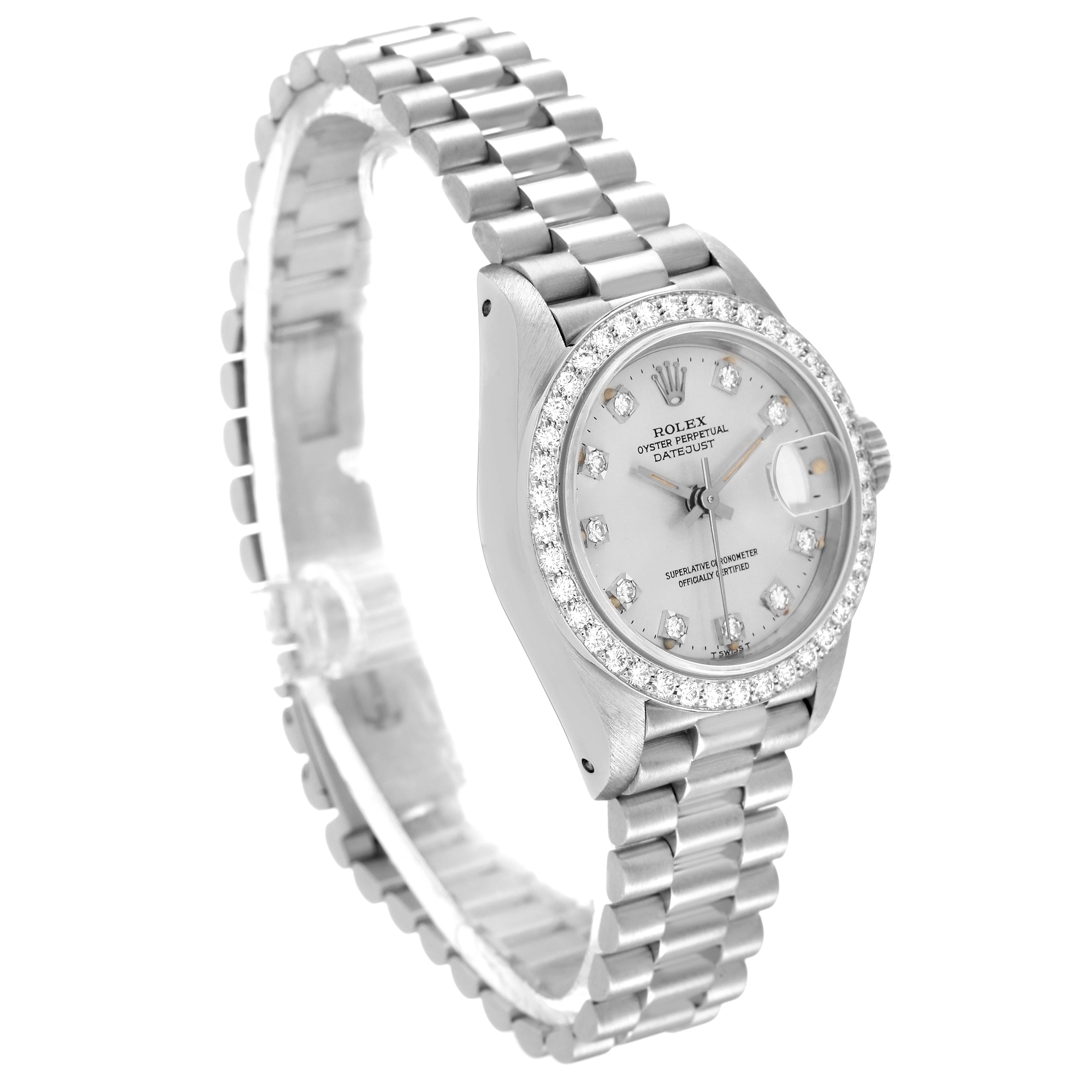 The image shows a Rolex President 69139 Women
s White Gold Silver Dial 69139 Women
s White Gold Silver Dial model watch angled slightly to display the dial, bezel, and bracelet.