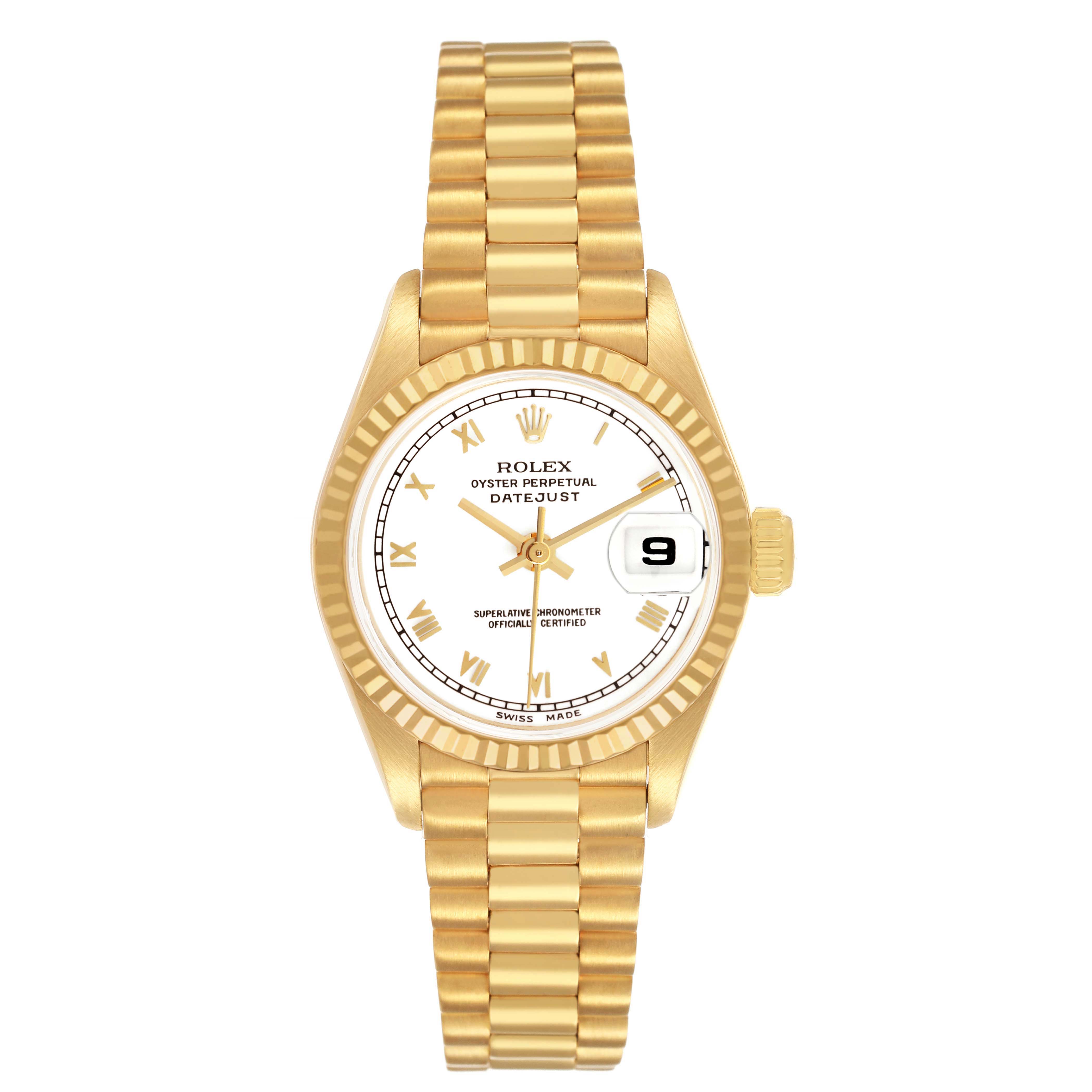This Rolex President 69278 Women's Yellow Gold White Dial watch is shown from a front angle, displaying its dial, bezel, bracelet, and crown.