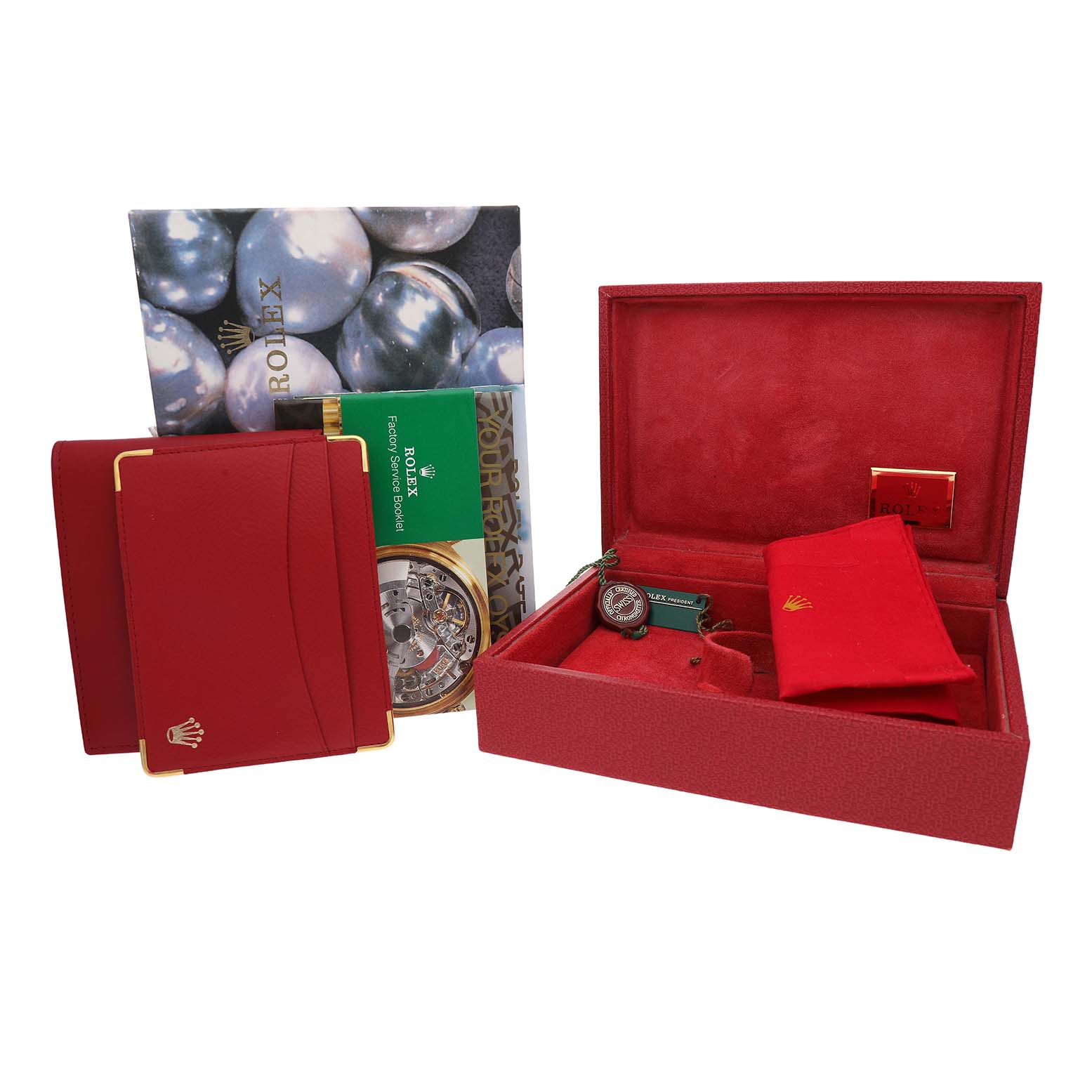 The image shows the packaging and accessories for the Rolex President 69278 Women's Yellow Gold White Dial model, including a red box, warranty booklet, and tags.