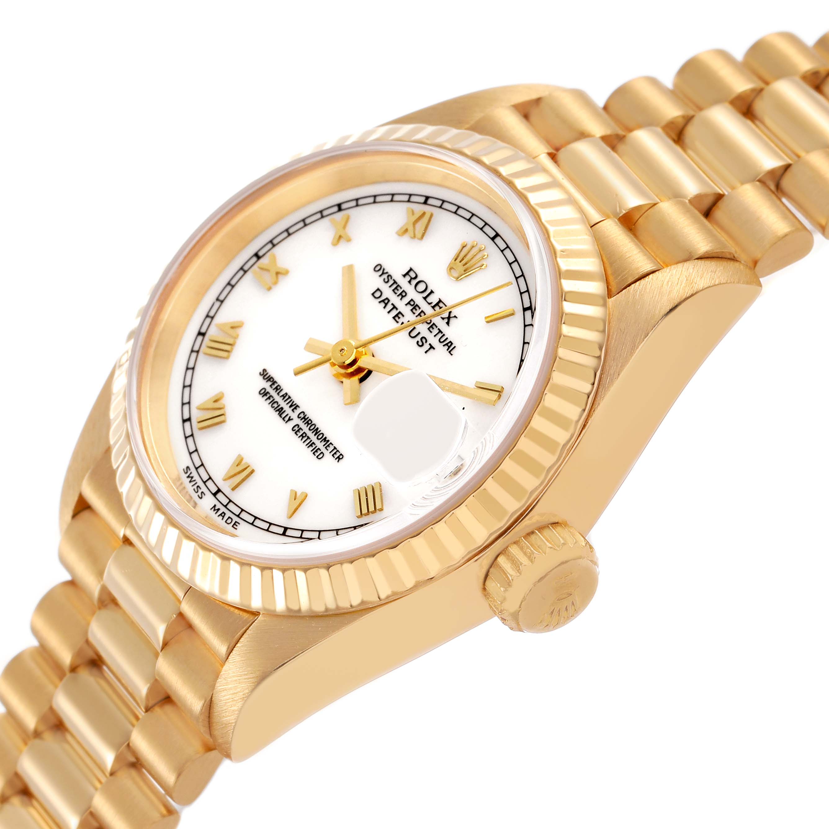 The image shows a side angle of the Rolex President 69278 Women's Yellow Gold White Dial model, highlighting the dial, bezel, and bracelet.