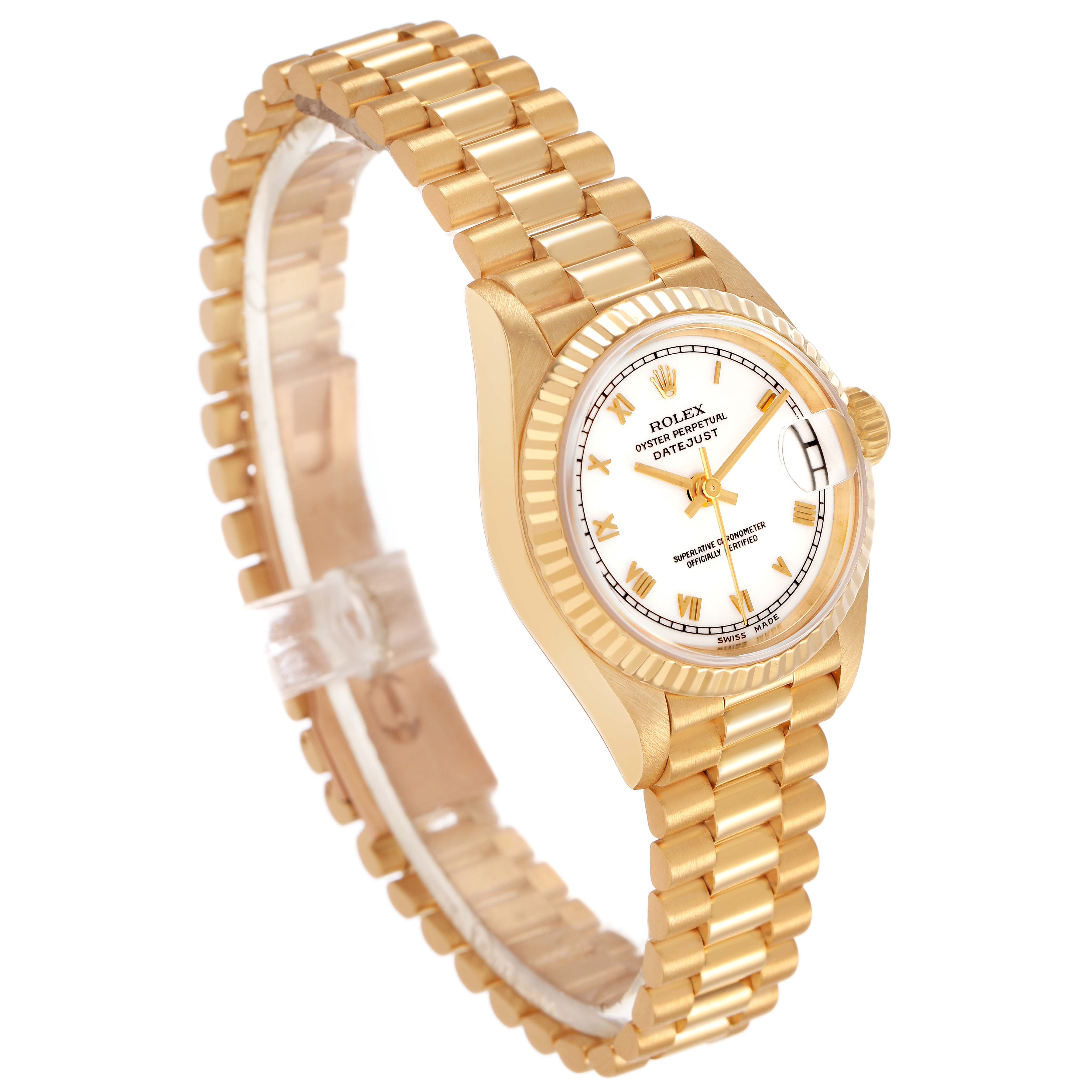 The Rolex President 69278 Women's Yellow Gold White Dial model watch is shown at a three-quarter angle, highlighting its gold case, bracelet, and fluted bezel.