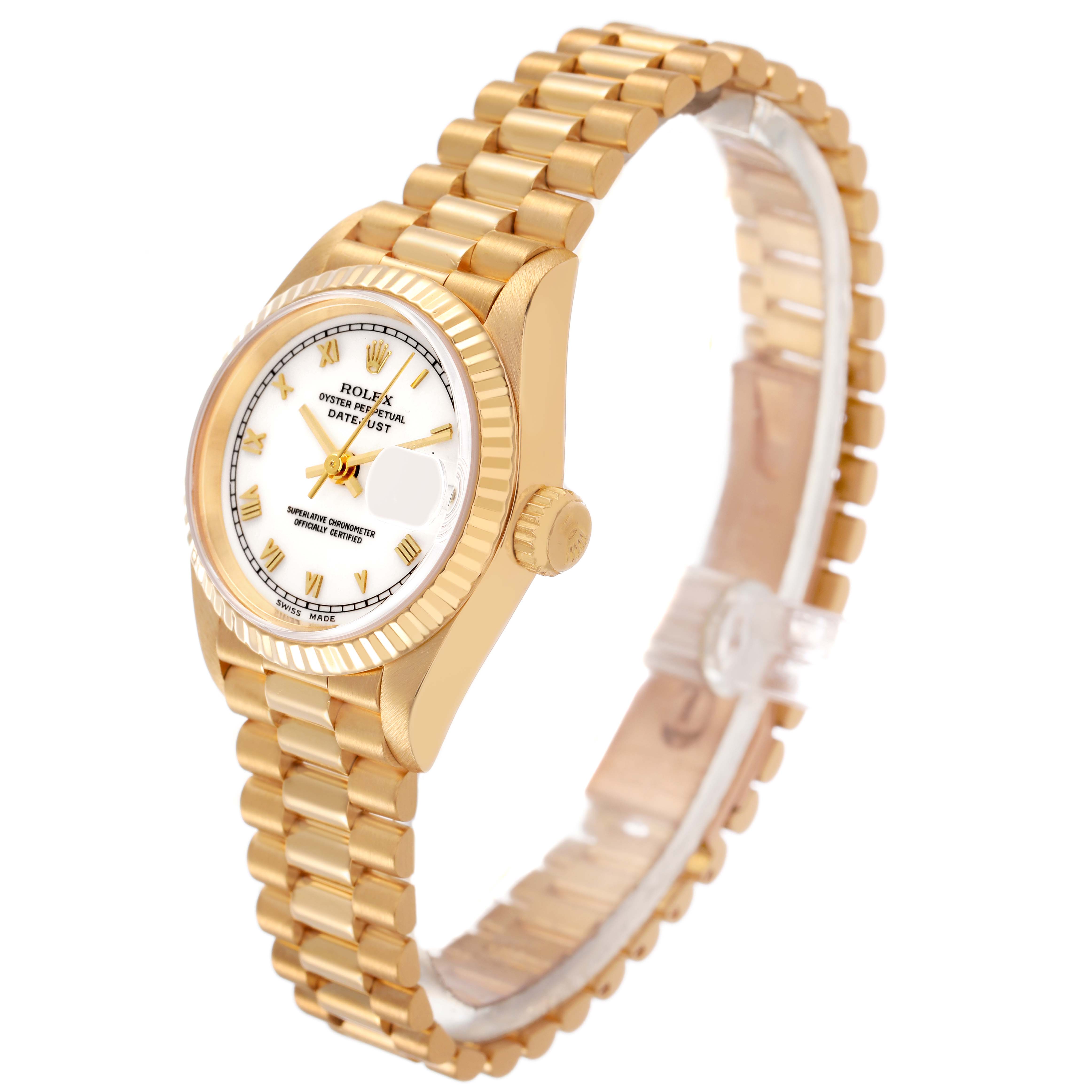 The Rolex President 69278 Women's Yellow Gold White Dial model is shown at a three-quarter angle, highlighting the watch face, crown, and gold bracelet.