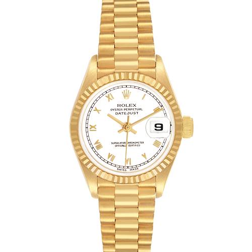 The Rolex President 69278 Women's Yellow Gold White Dial model is shown from a top-down angle, displaying the watch face, bezel, and bracelet prominently.