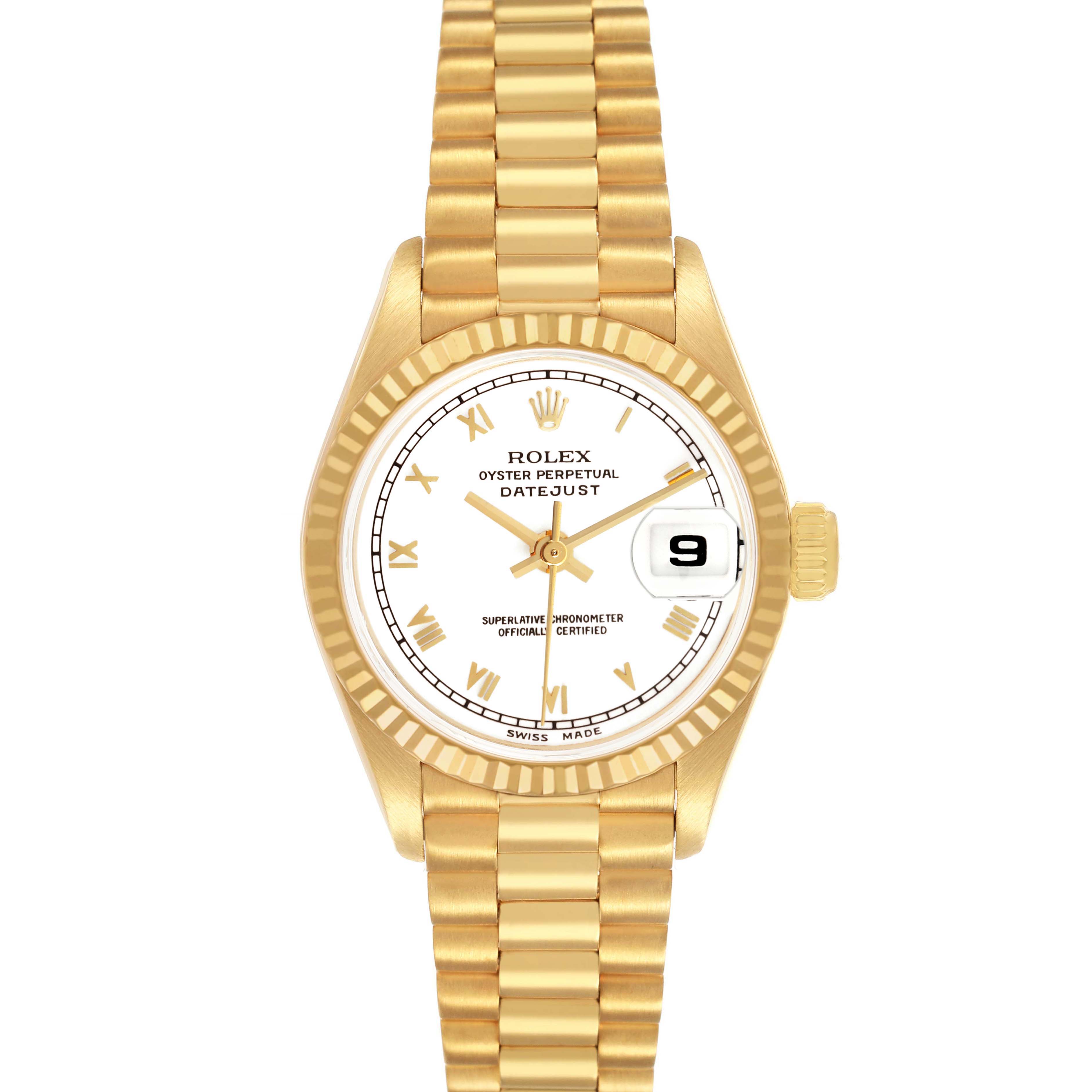 The Rolex President 69278 Women's Yellow Gold White Dial model watch is shown from a top-down angle, highlighting the dial, bezel, and bracelet.