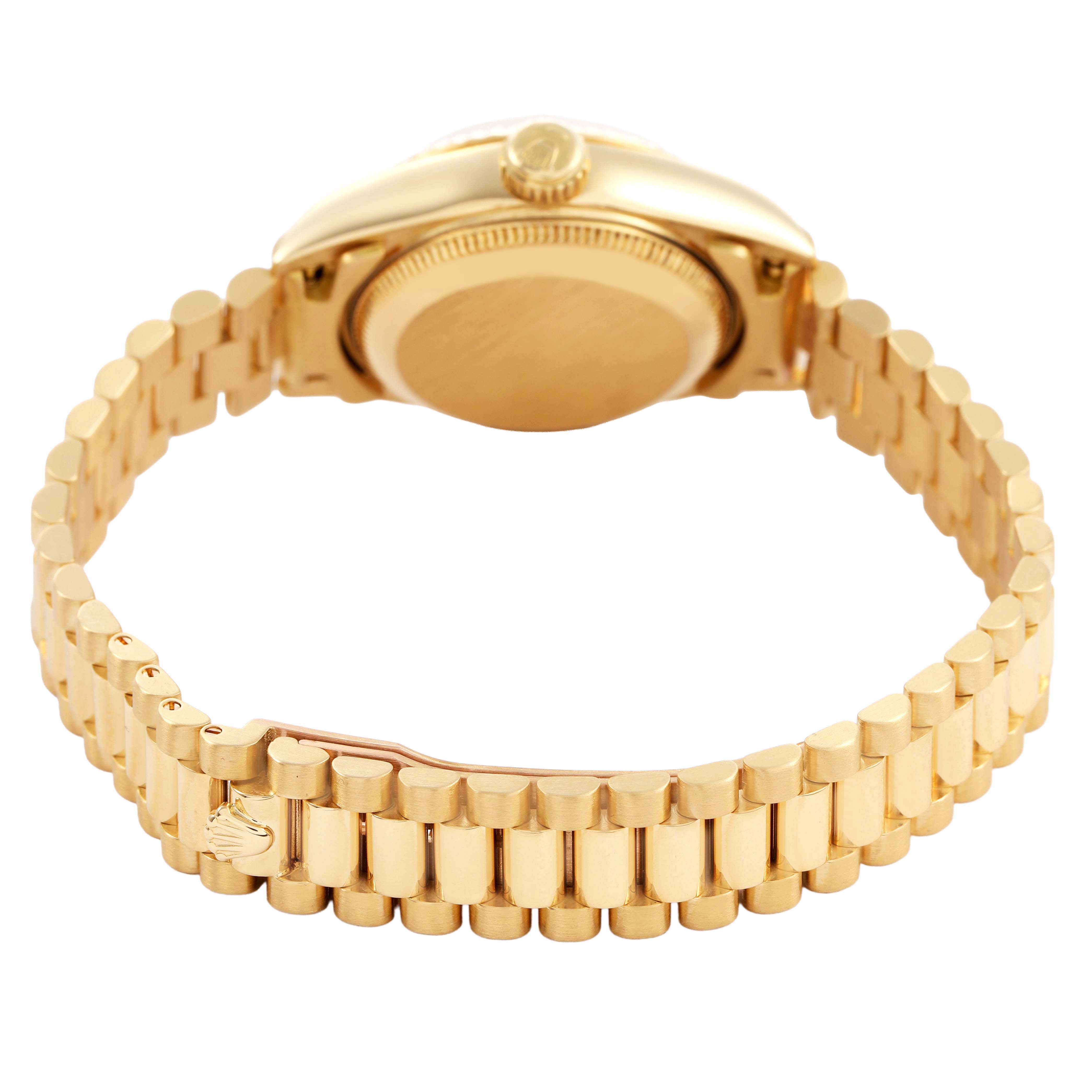 The image shows the back and side of a Rolex President 69278 Women's Yellow Gold White Dial watch, highlighting the case, crown, and bracelet.