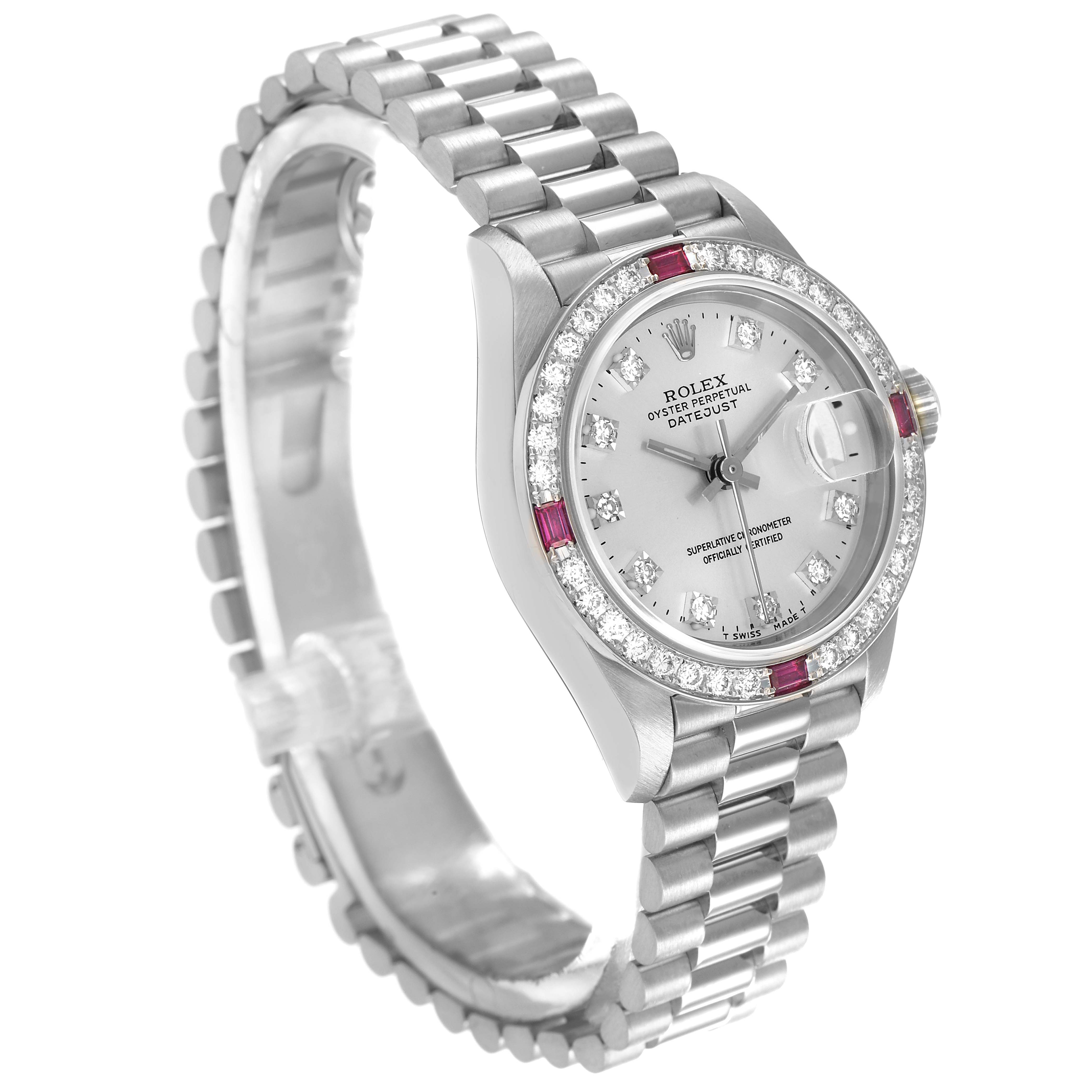 The Rolex President 69069 Women's White Gold Silver Dial model is shown at a three-quarter angle, highlighting the face, bezel, and bracelet.