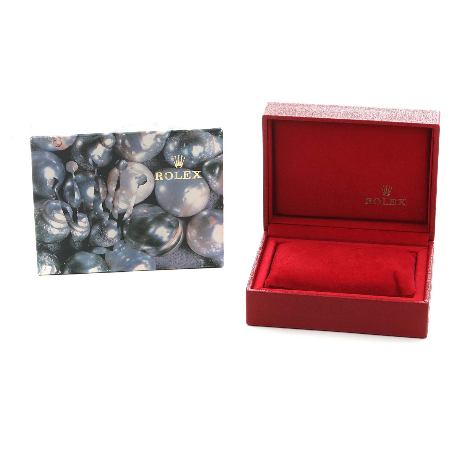 The image shows a Rolex President 69069 Women's White Gold Silver Dial watch box and a decorative card from a front angle with a focus on the packaging.
