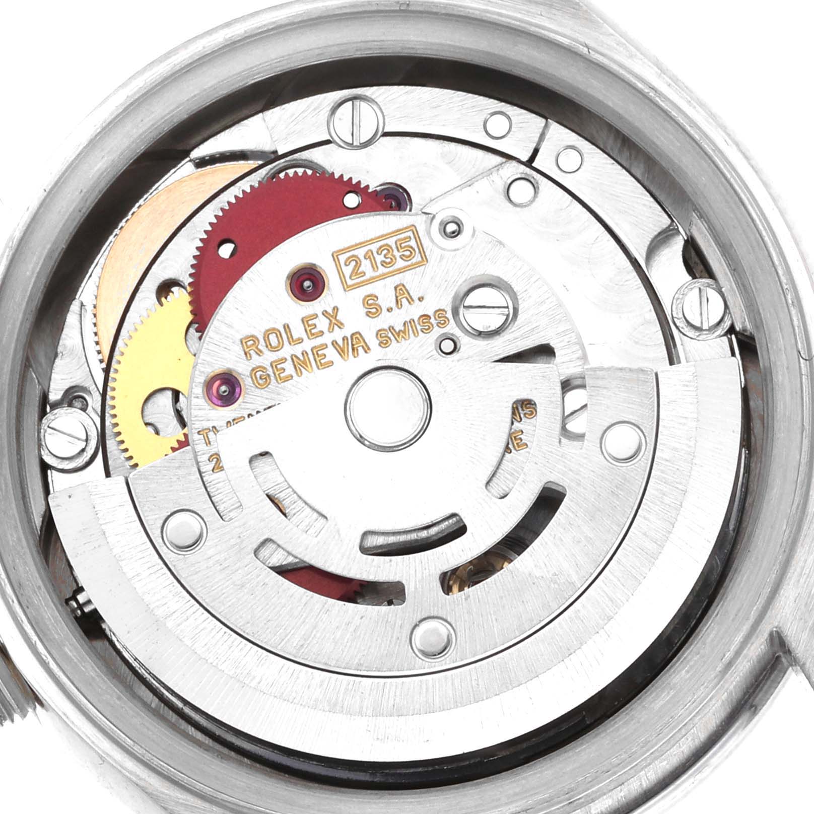 The image shows the internal movement components of a Rolex President 69069 Women's White Gold Silver Dial model watch viewed from the back.