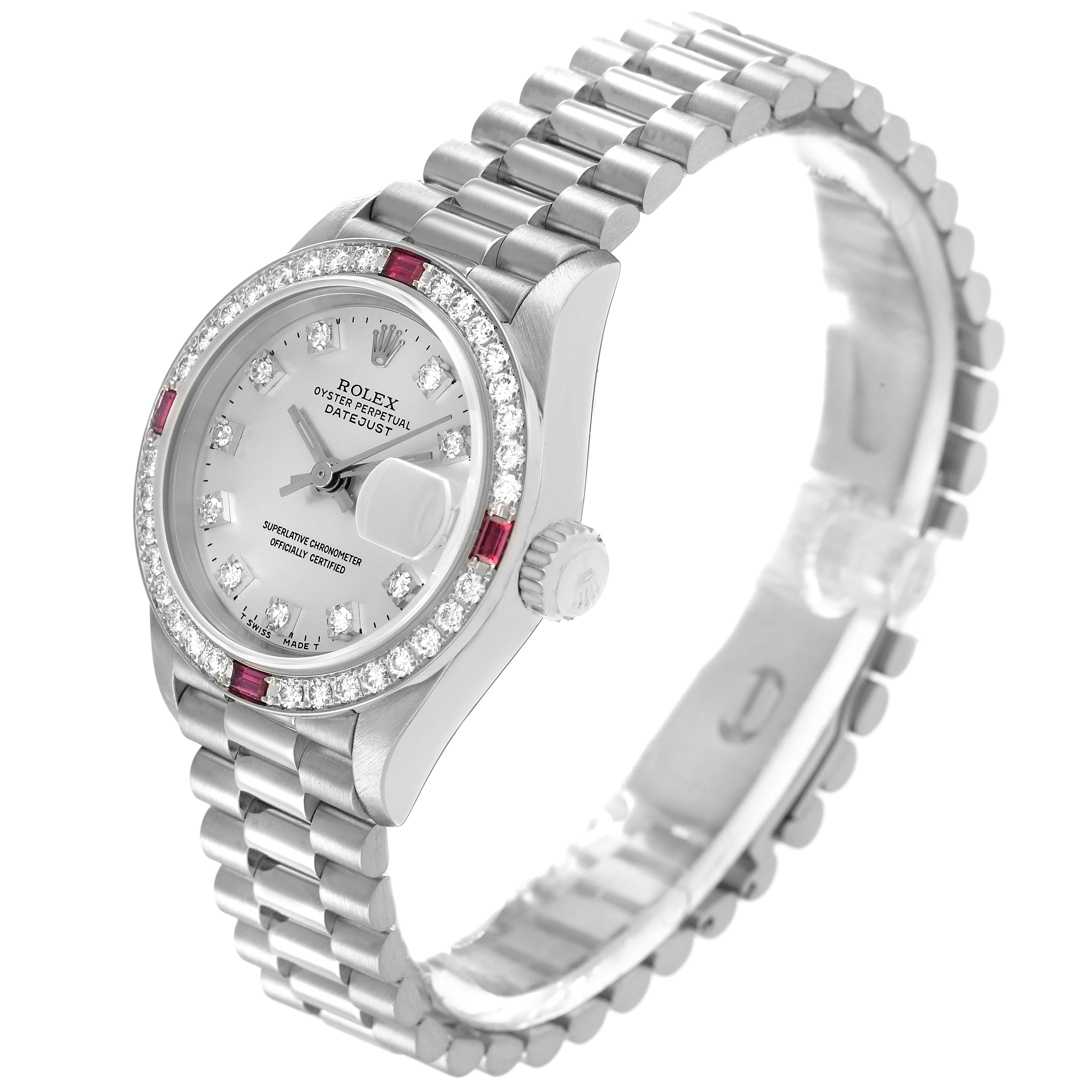 The Rolex President 69069 Women's White Gold Silver Dial model is shown at a three-quarter angle, displaying the face, bezel, crown, and bracelet.