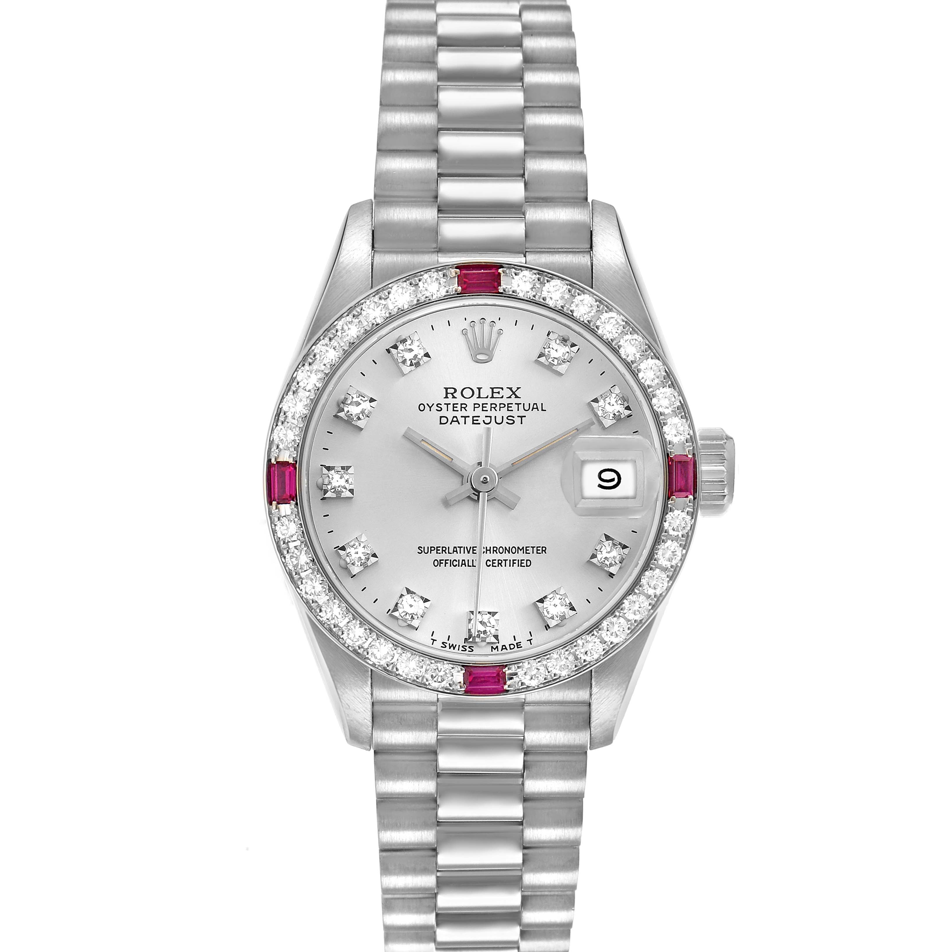 The Rolex Oyster Perpetual Datejust President model is shown from a front angle, highlighting the bracelet, bezel, dial, and crown.