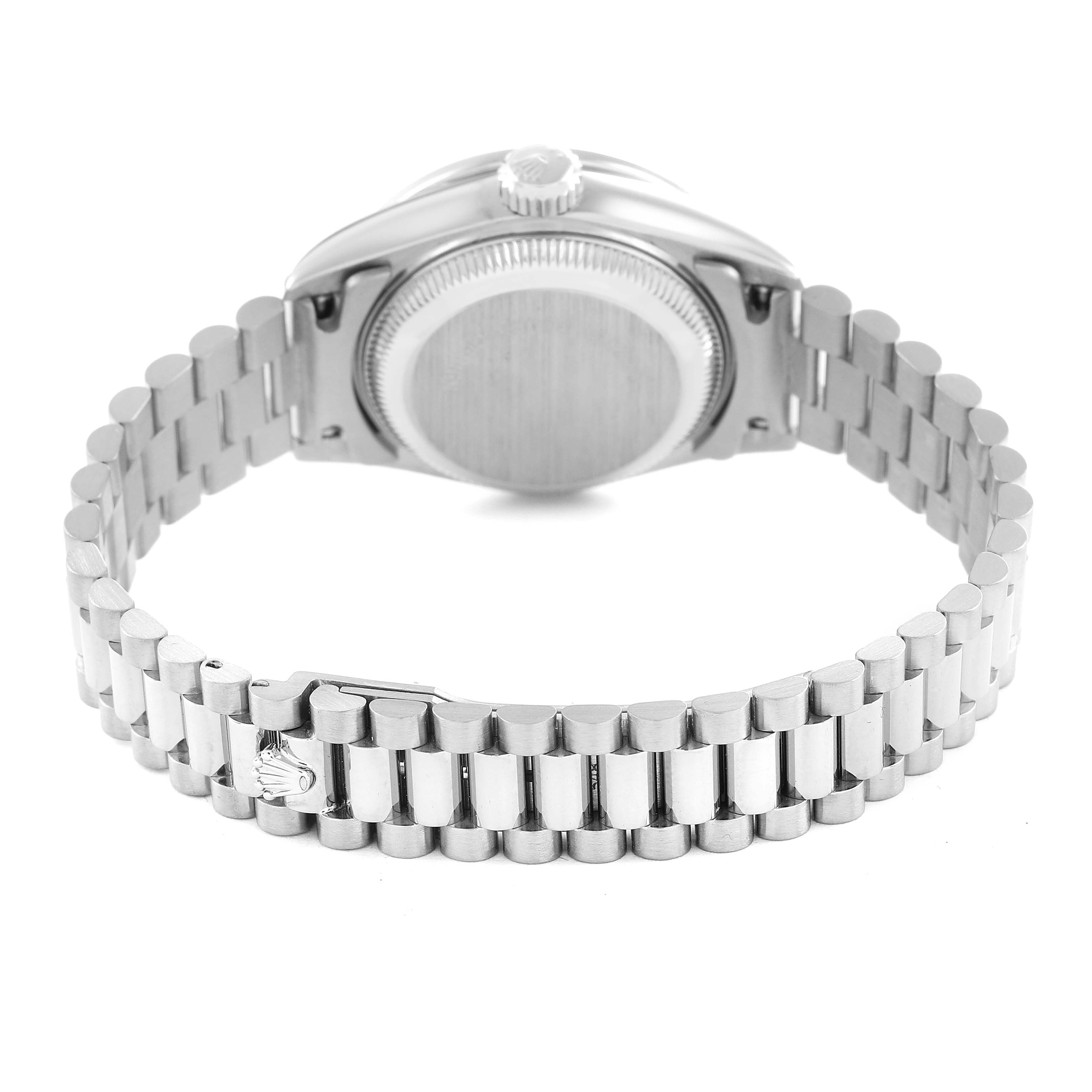 The image shows the backside of a Rolex President 69069 Women's White Gold Silver Dial watch focusing on the case back and the bracelet.