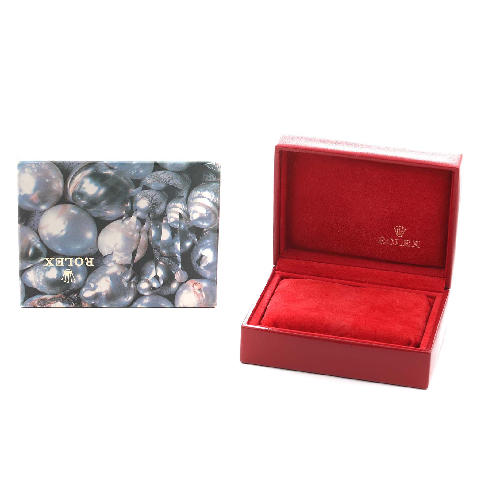 The image shows an open red Rolex box and an outer box with a pearl design, both positioned from a front angle.