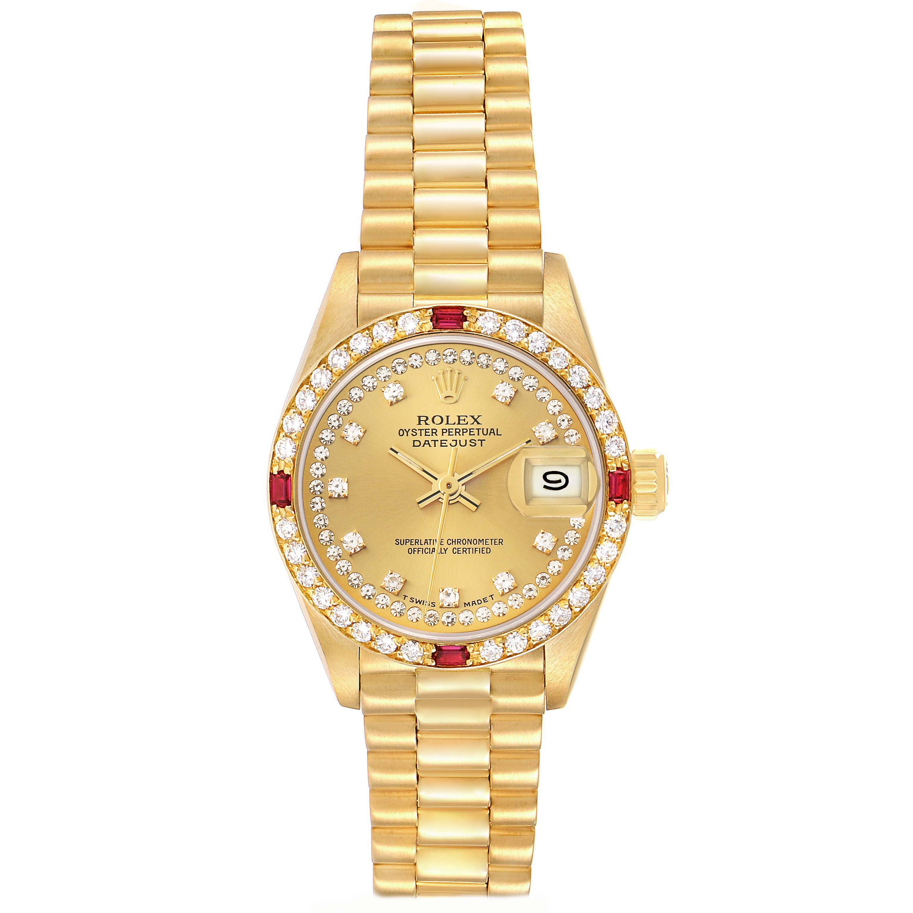 The Rolex President 69068 Women
s Yellow Gold Champagne Dial watch is shown from a top-down angle, displaying the face, bezel, bracelet, and crown.