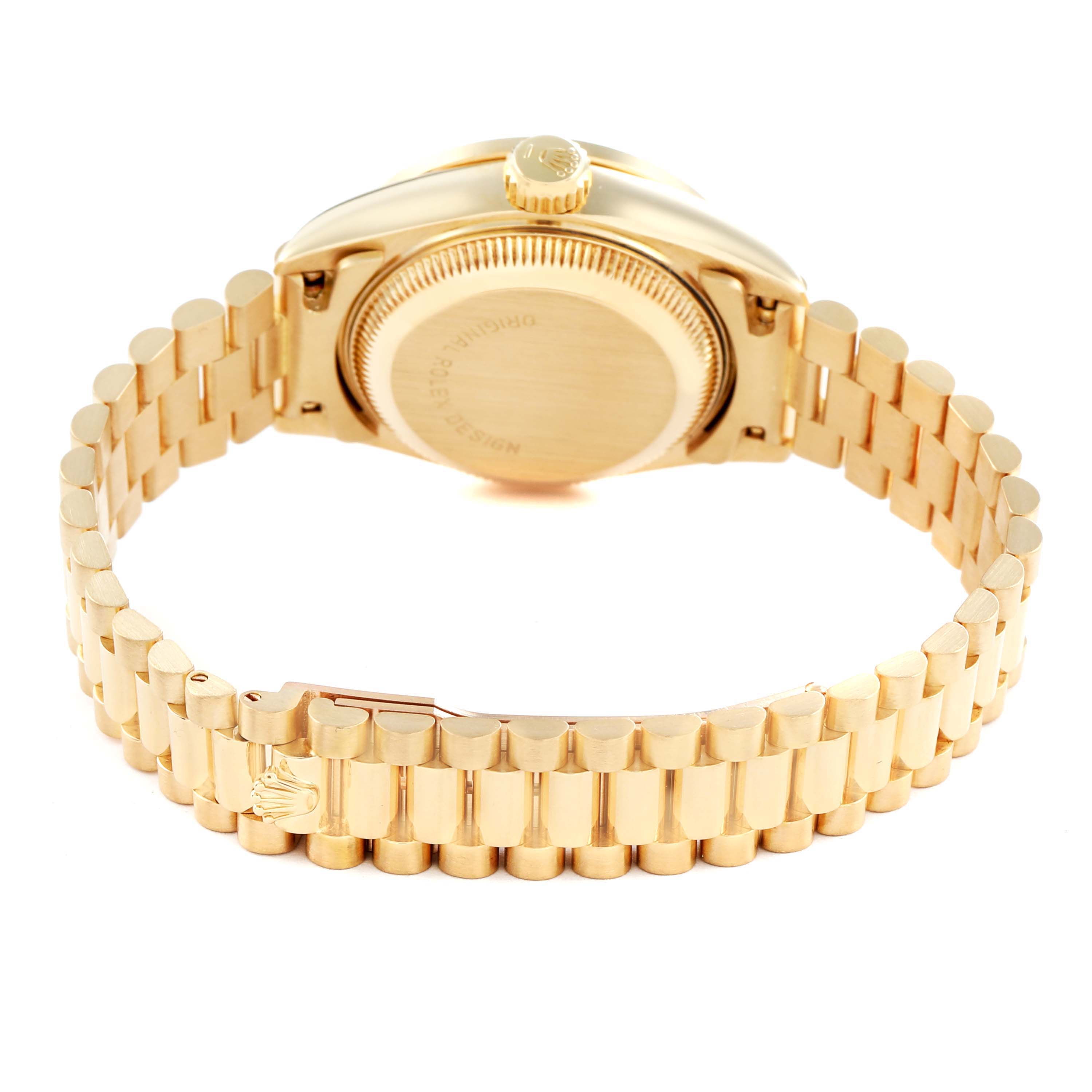 The image shows the back view of a Rolex President 69068 Women
s Yellow Gold Champagne Dial watch, highlighting the case back and gold bracelet.