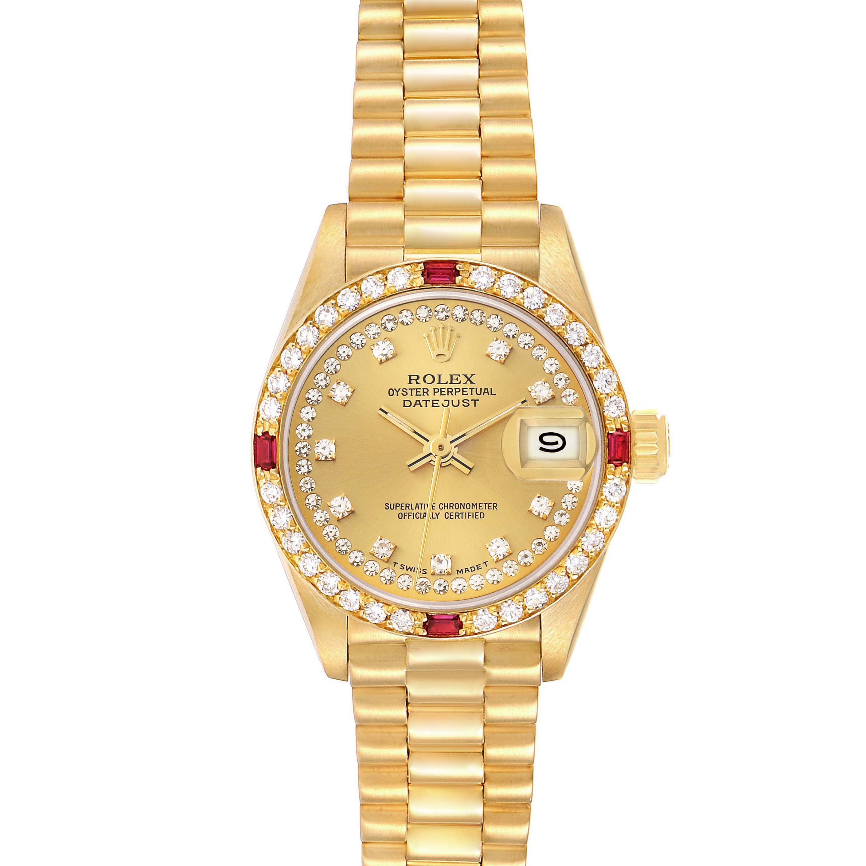 The Rolex President 69068 Women
s Yellow Gold Champagne Dial model is shown from a top view, highlighting the dial, bezel, bracelet, and crown.